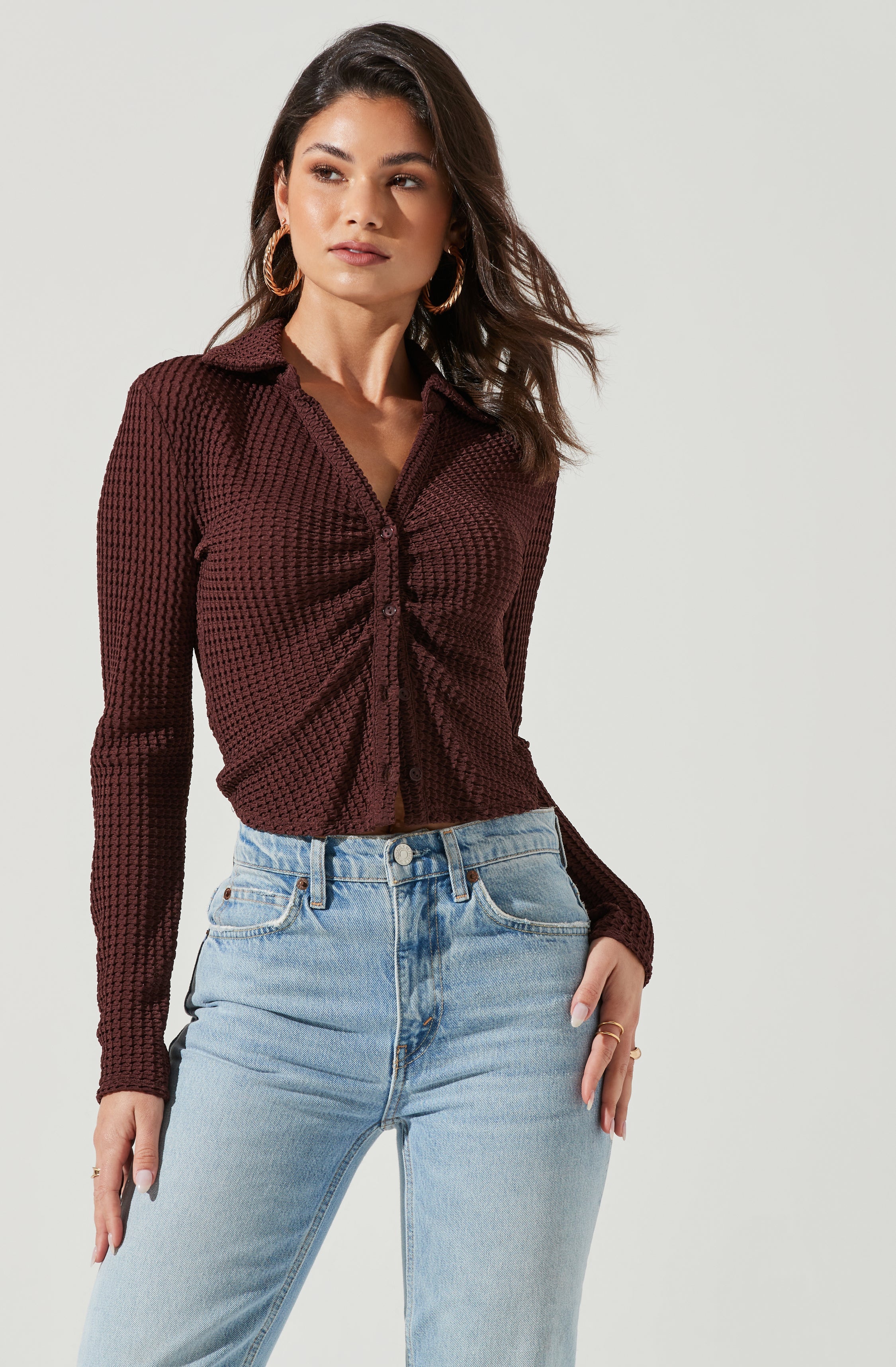Lamora Waffle Knit Ruched Button Down Top-Aljck