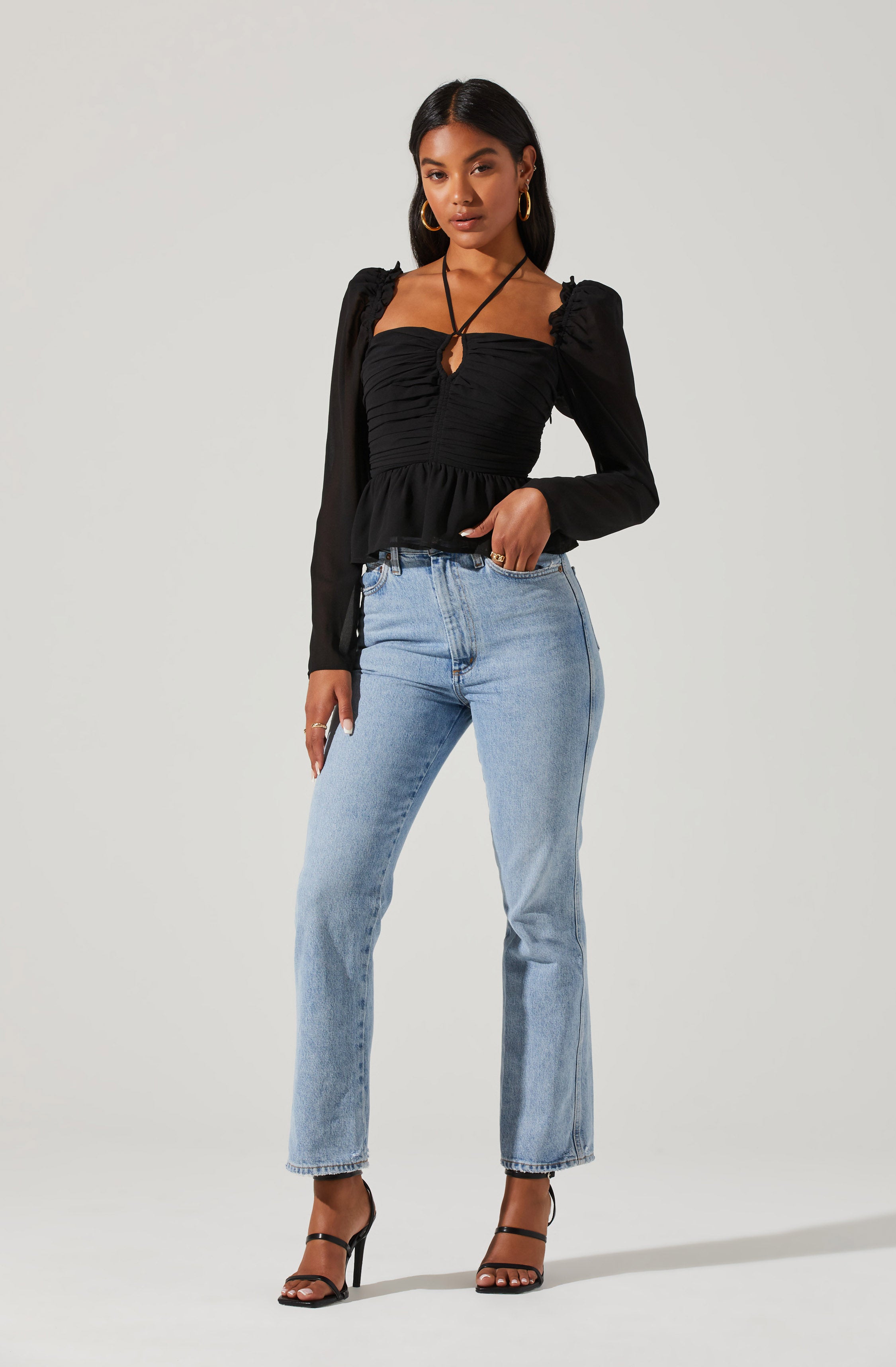 Toni Ruched Halter Long Sleeve Peplum Top-Aljck