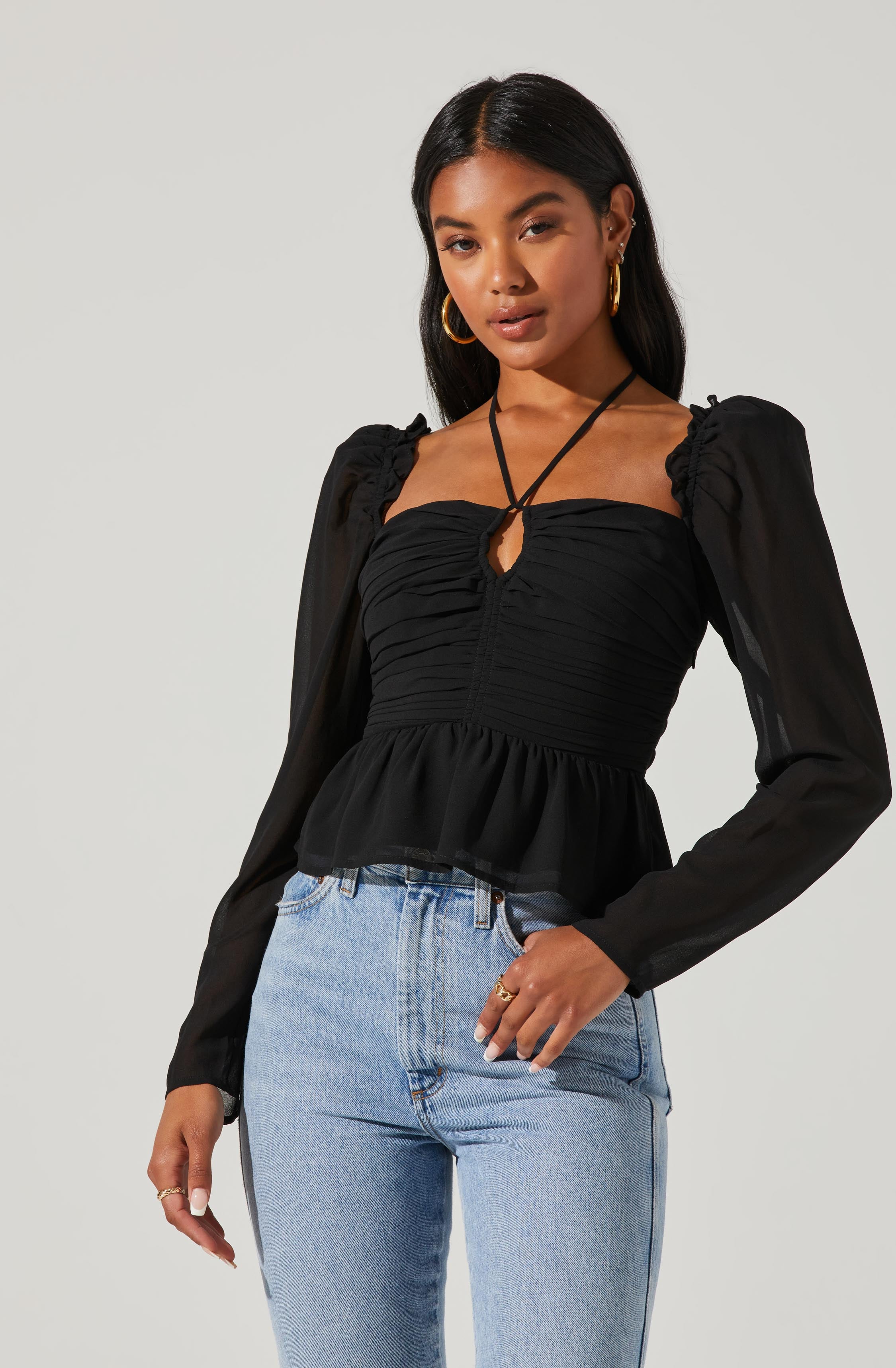 Toni Ruched Halter Long Sleeve Peplum Top-Aljck