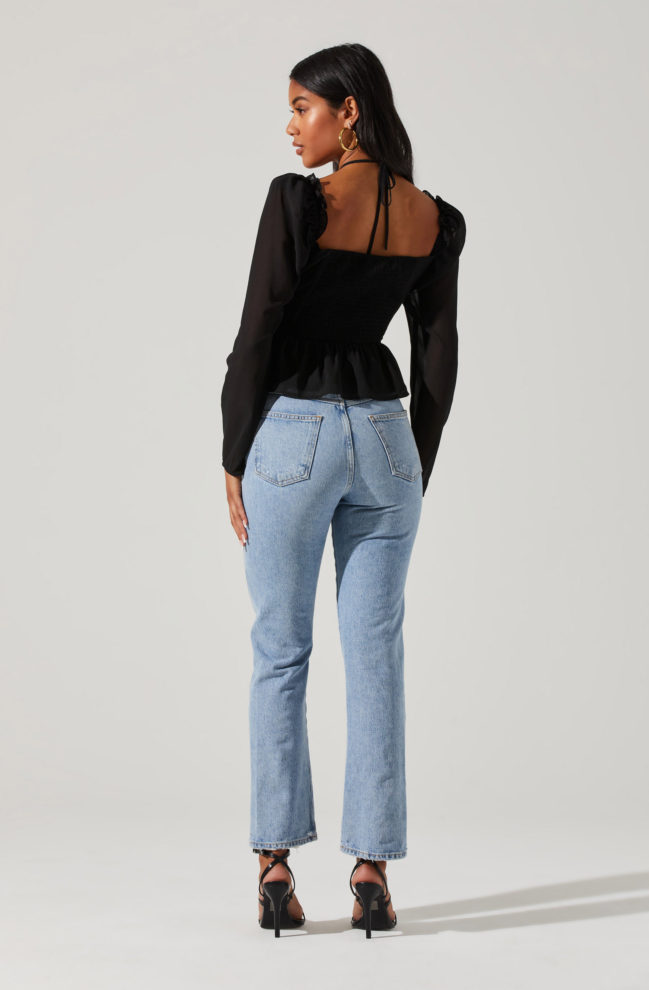 Toni Ruched Halter Long Sleeve Peplum Top-Aljck