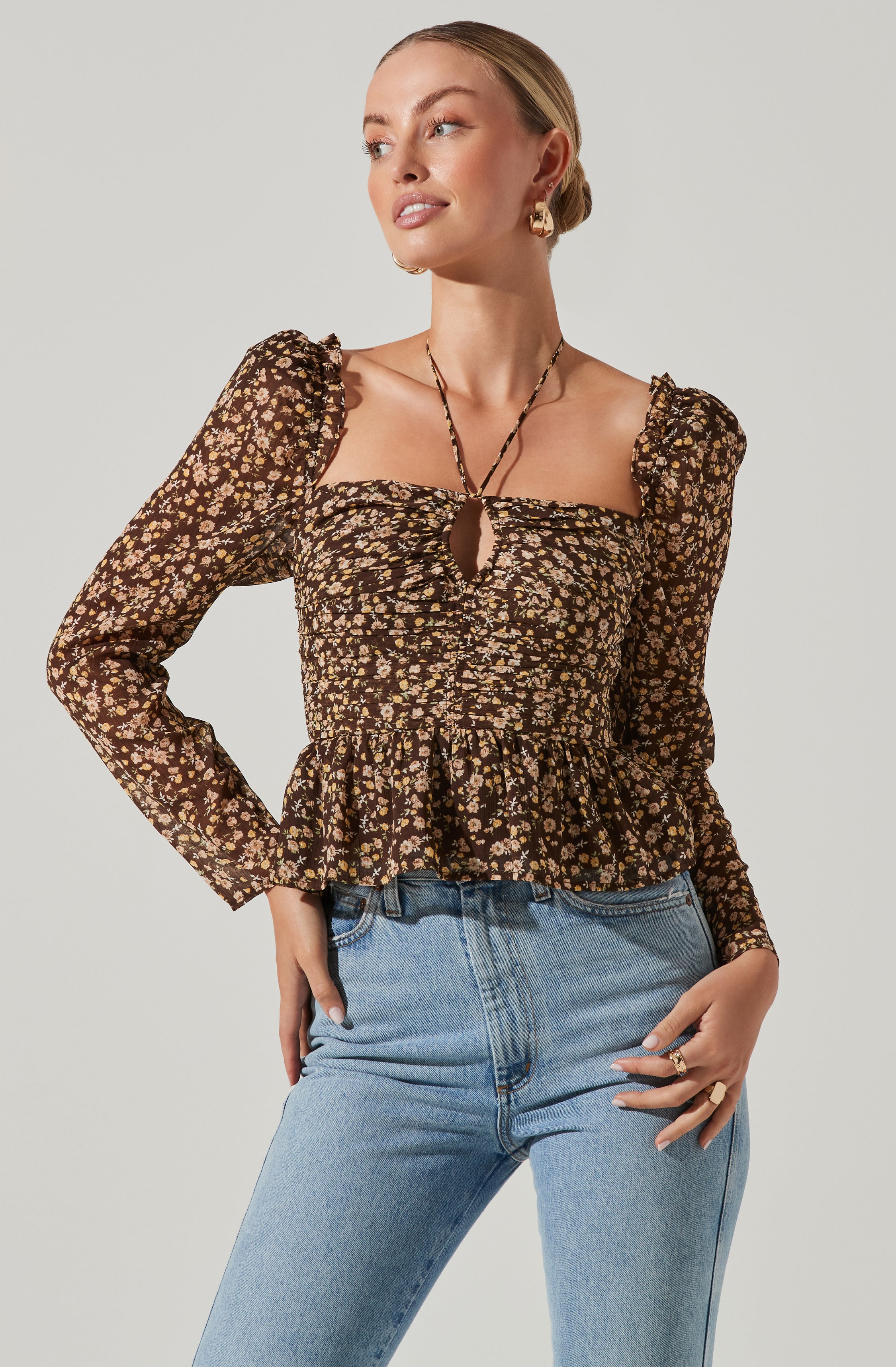 Toni Ruched Halter Long Sleeve Peplum Top-Aljck