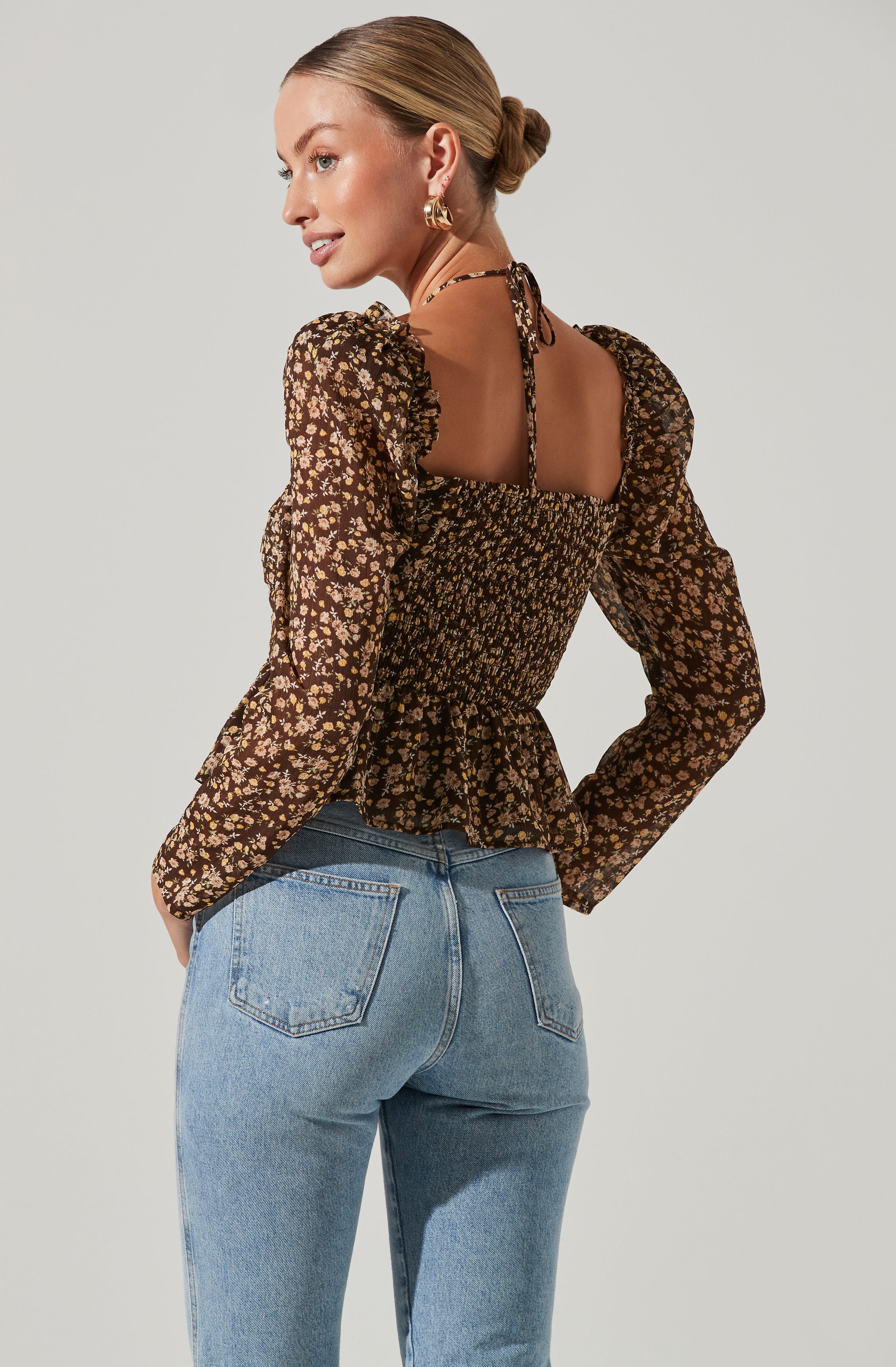 Toni Ruched Halter Long Sleeve Peplum Top-Aljck