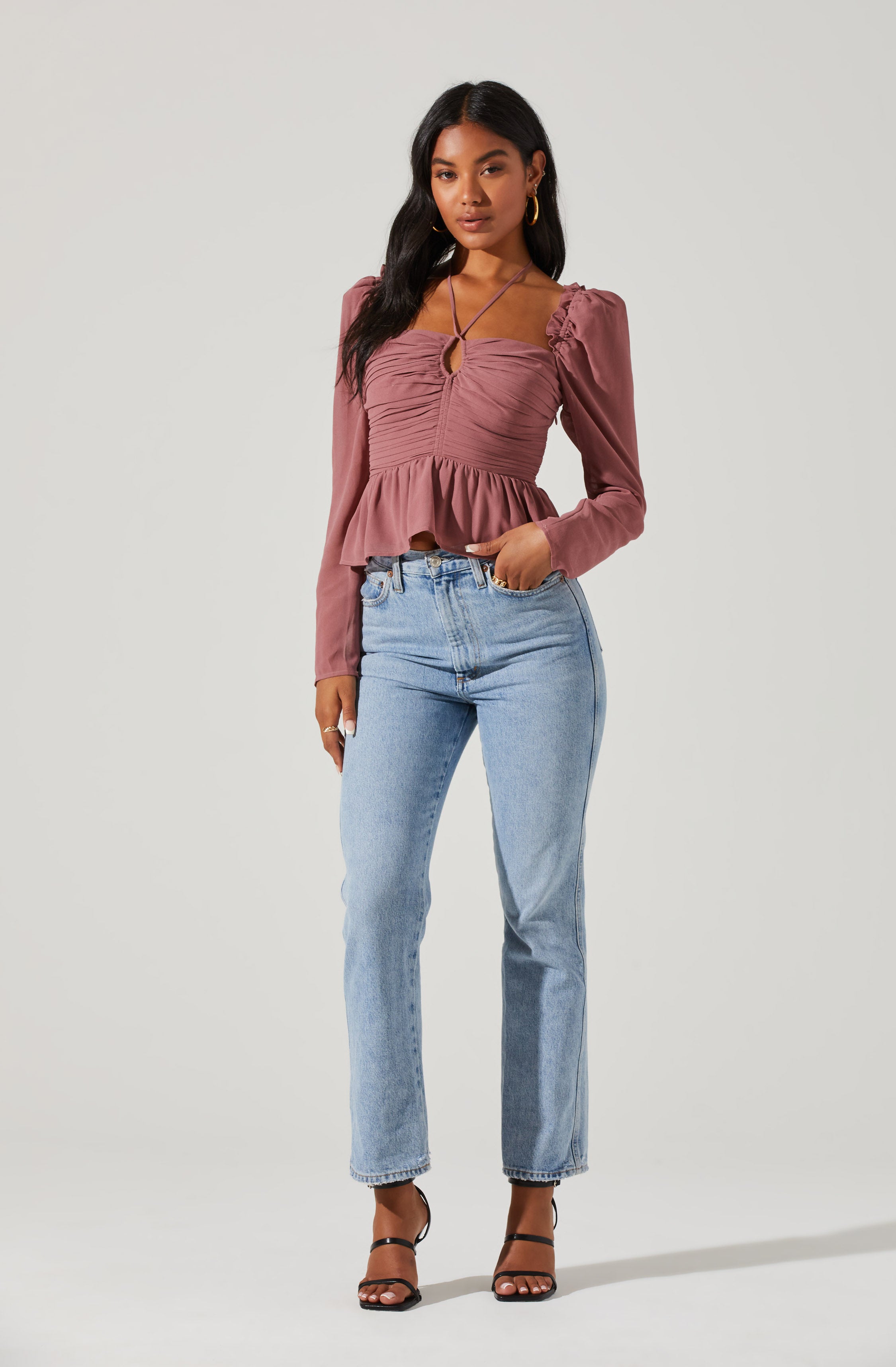 Toni Ruched Halter Long Sleeve Peplum Top-Aljck