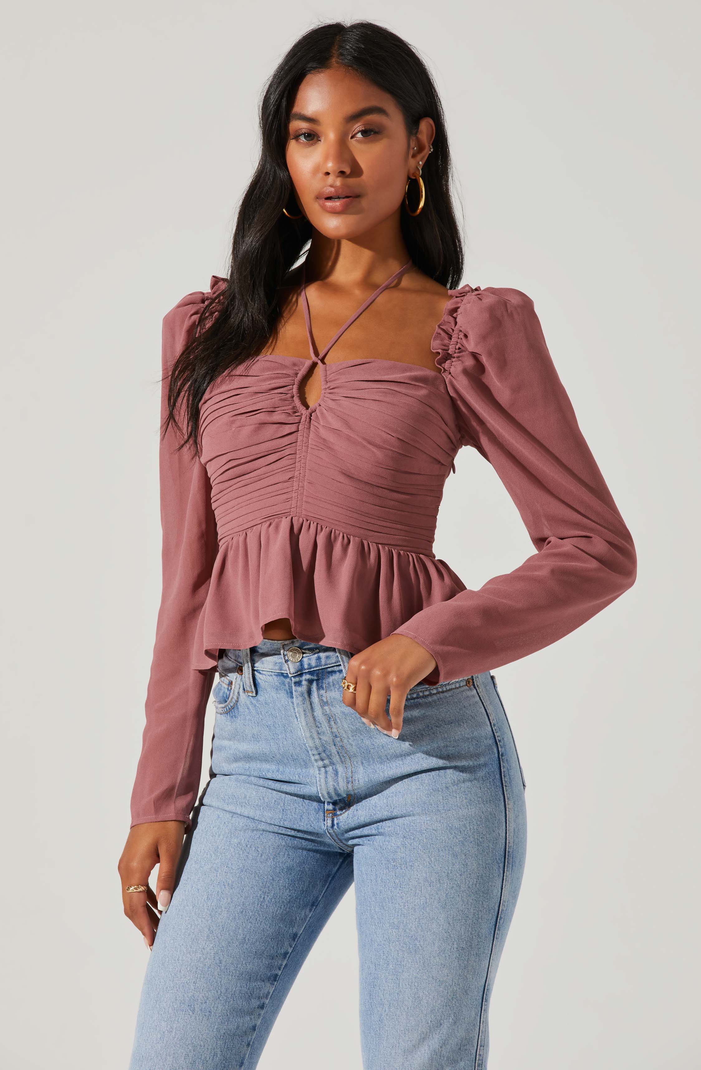 Toni Ruched Halter Long Sleeve Peplum Top-Aljck