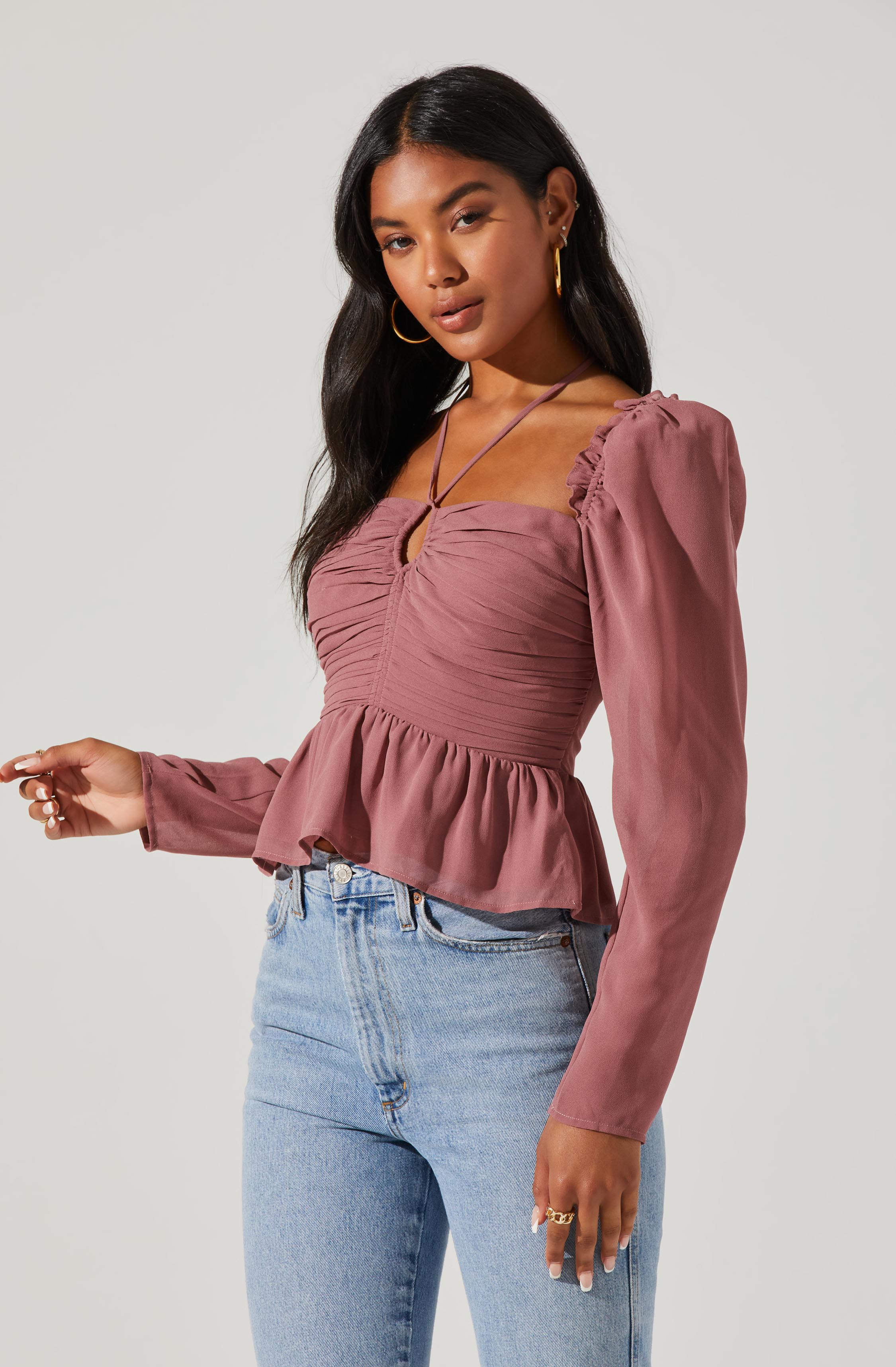 Toni Ruched Halter Long Sleeve Peplum Top-Aljck