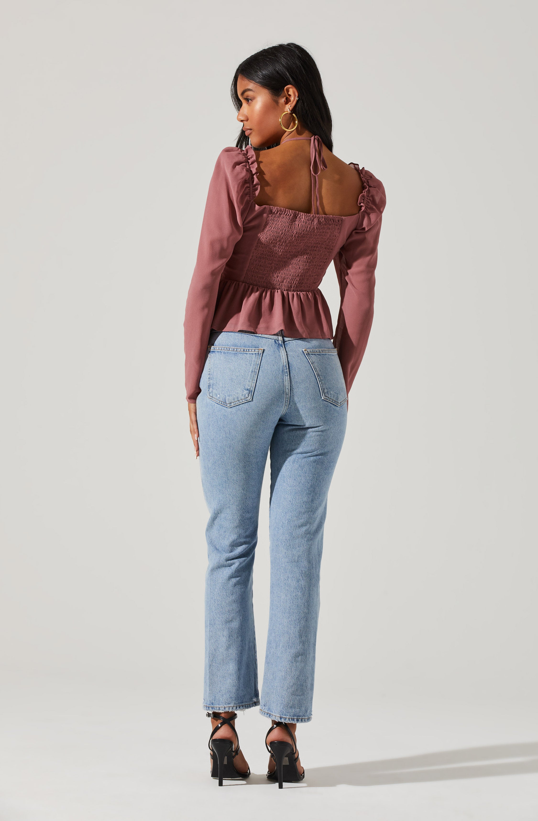 Toni Ruched Halter Long Sleeve Peplum Top-Aljck