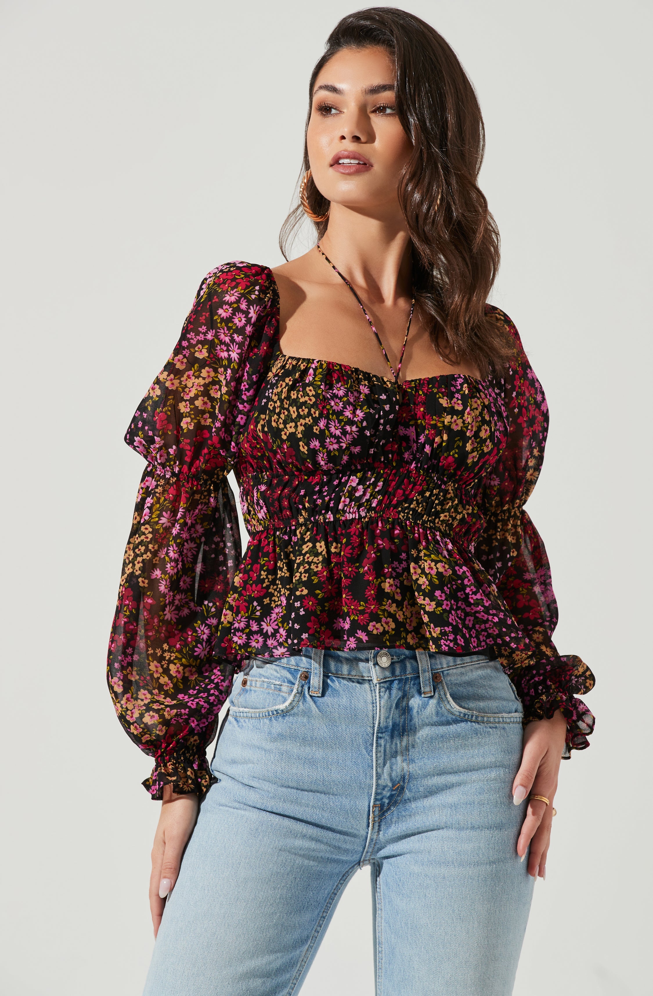 Bloomfield Floral Halter Long Sleeve Top-Aljck