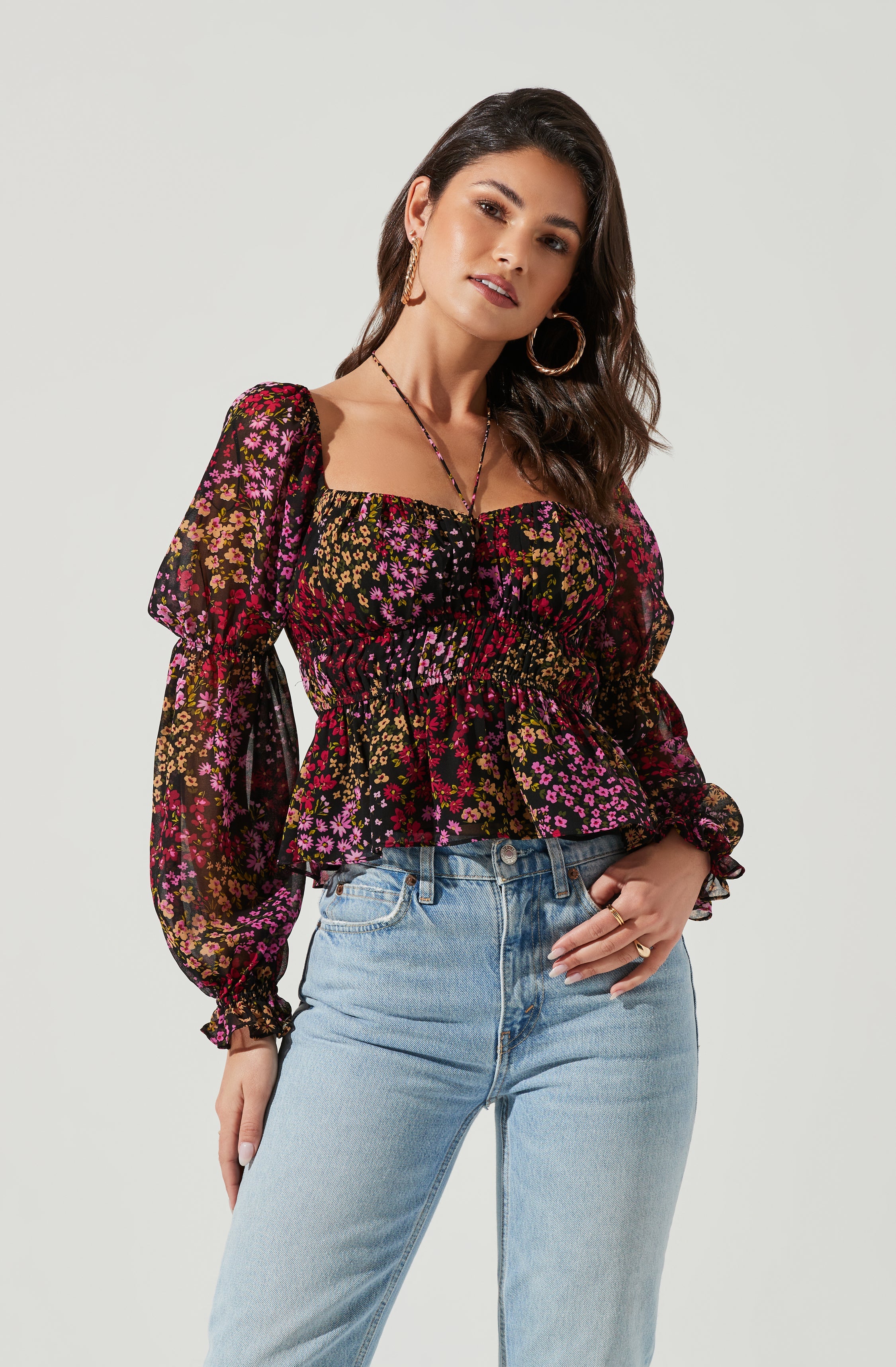 Bloomfield Floral Halter Long Sleeve Top-Aljck