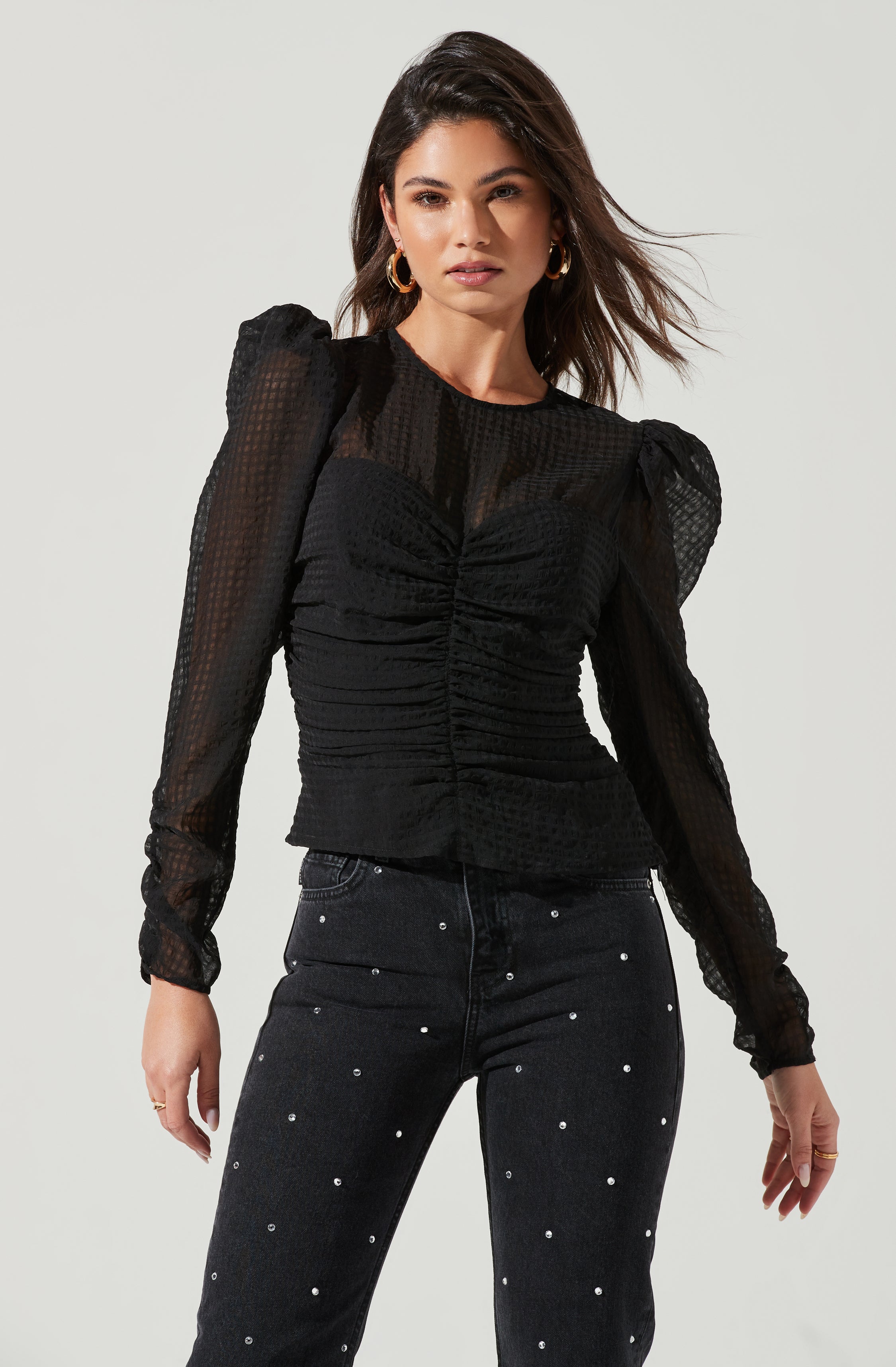 Dalma Ruched Puff Sleeve Top-Aljck