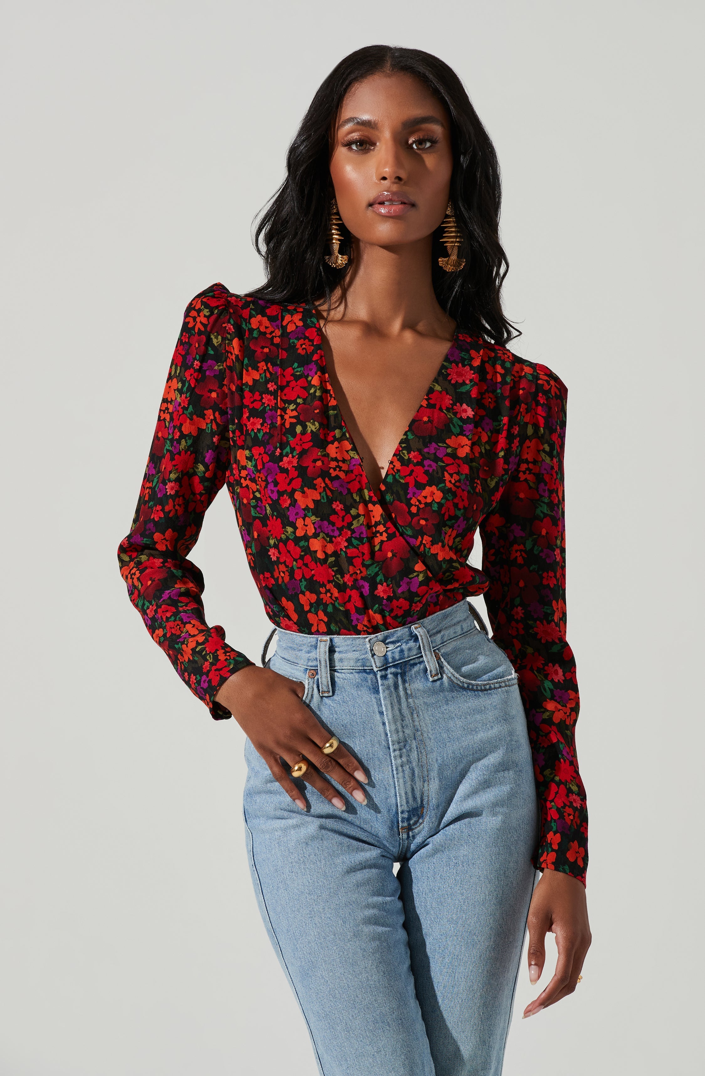 Bartlett Floral Wrap Front Long Sleeve Bodysuit-Aljck