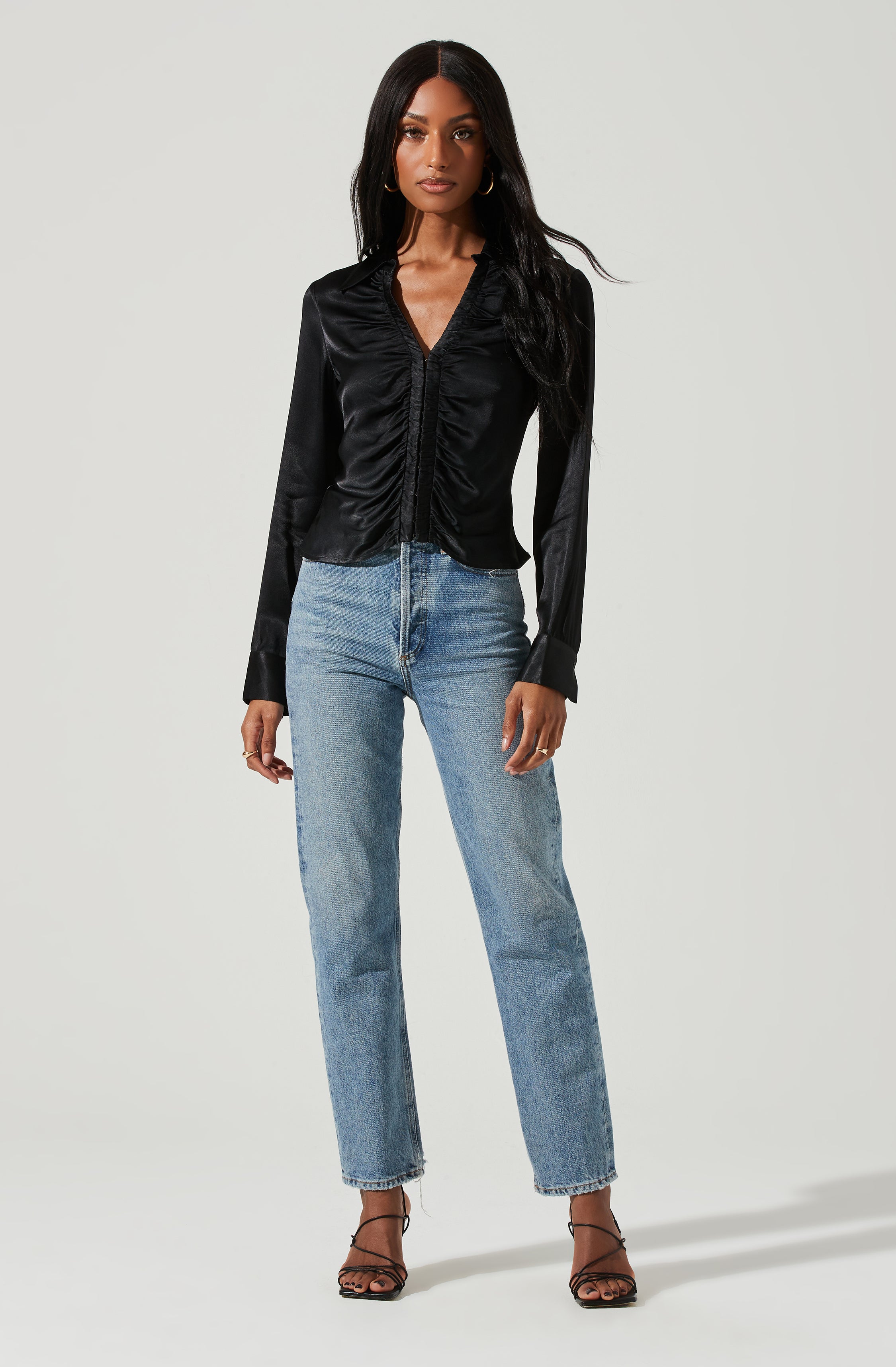 Shannon Satin Ruched Long Sleeve Top-Aljck