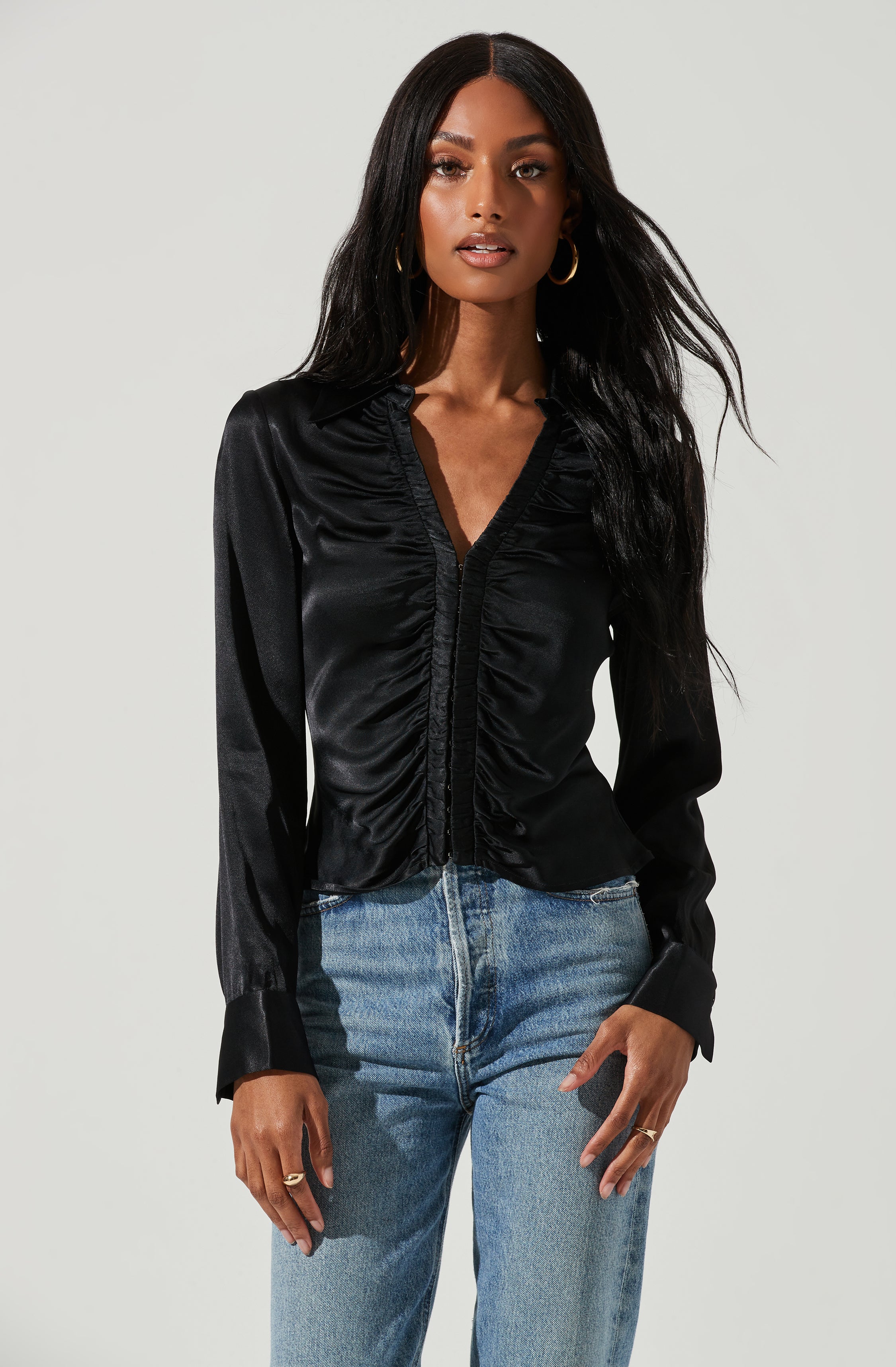 Shannon Satin Ruched Long Sleeve Top-Aljck