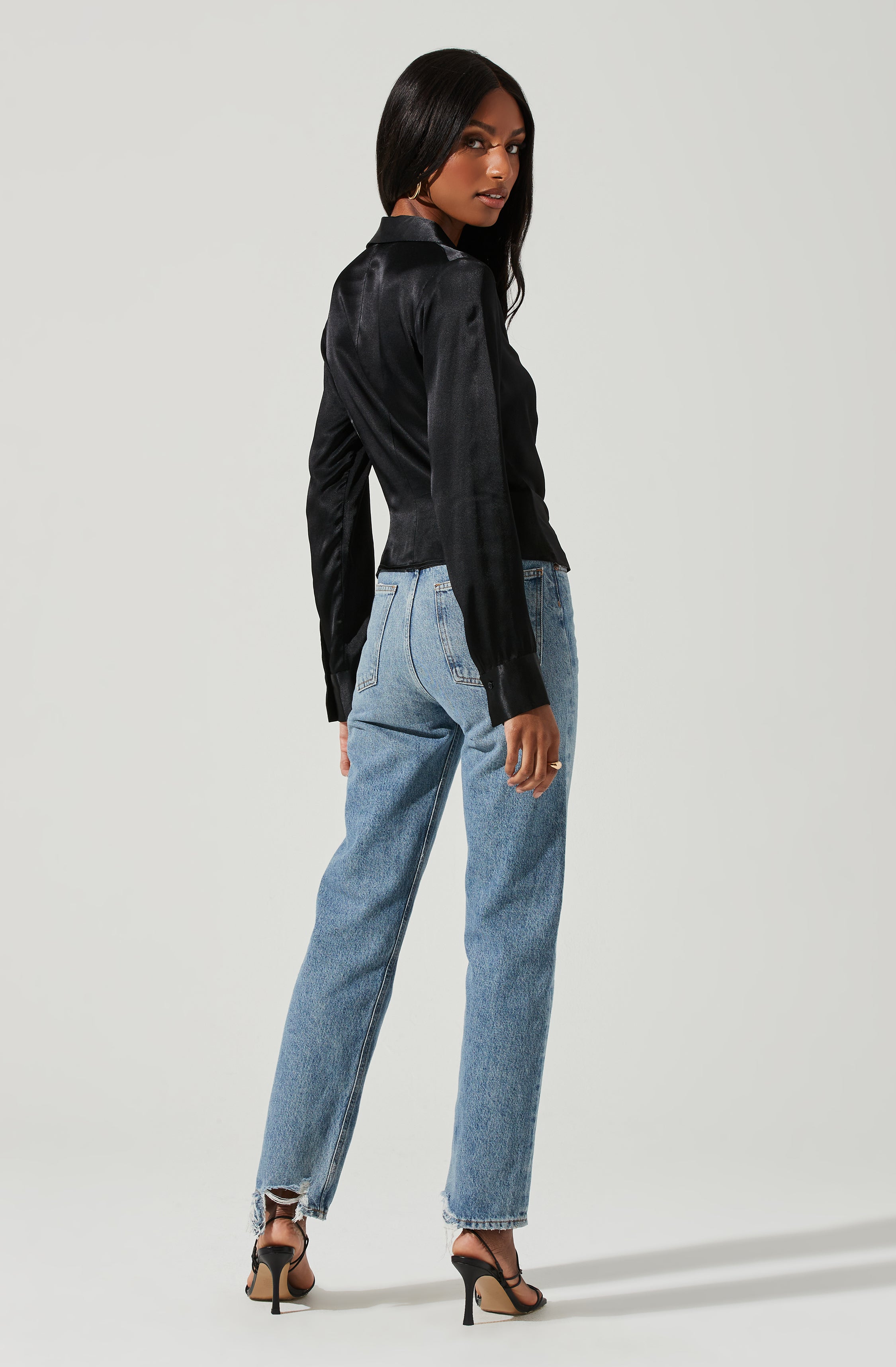 Shannon Satin Ruched Long Sleeve Top-Aljck