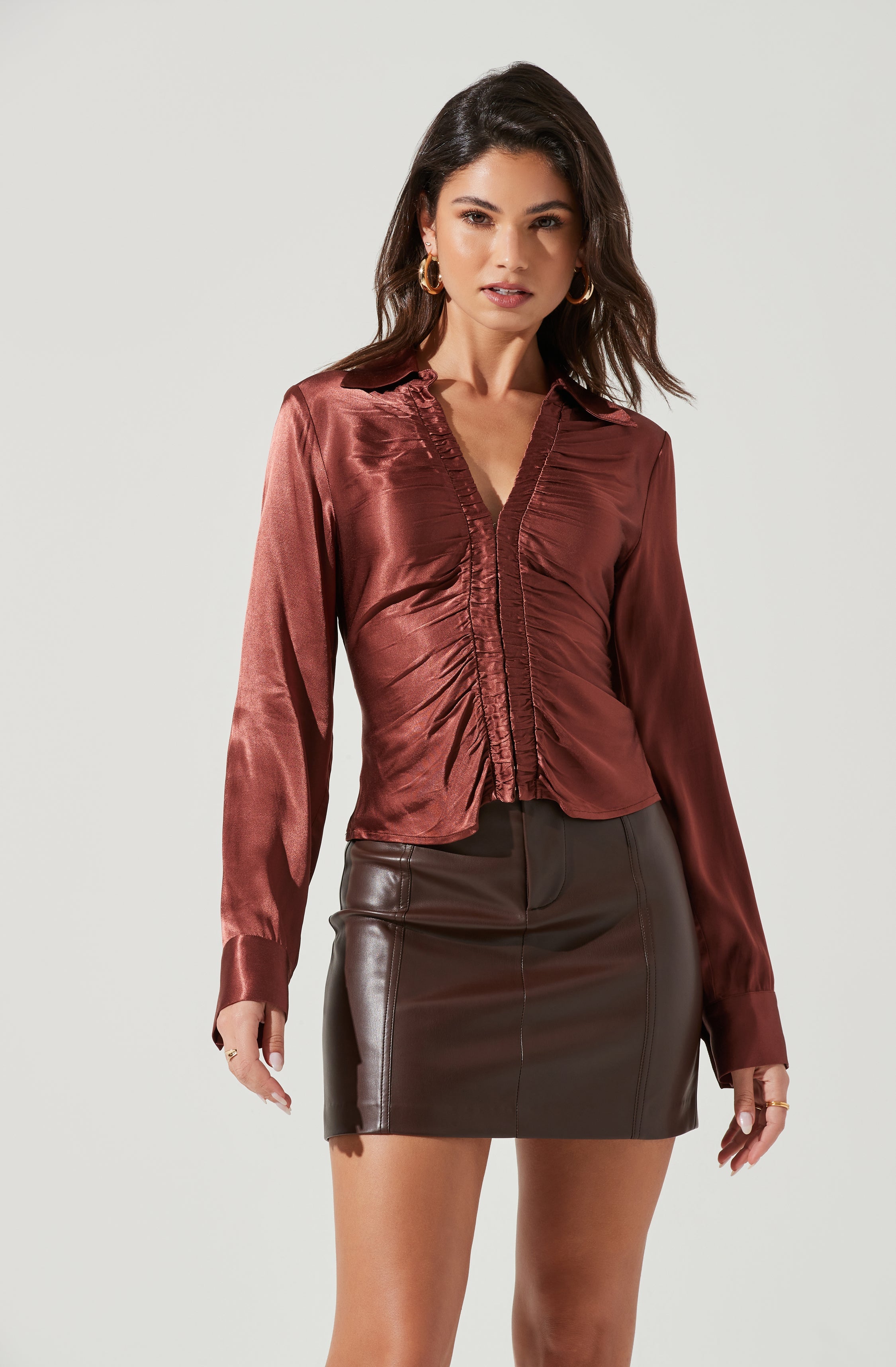 Shannon Satin Ruched Long Sleeve Top-Aljck