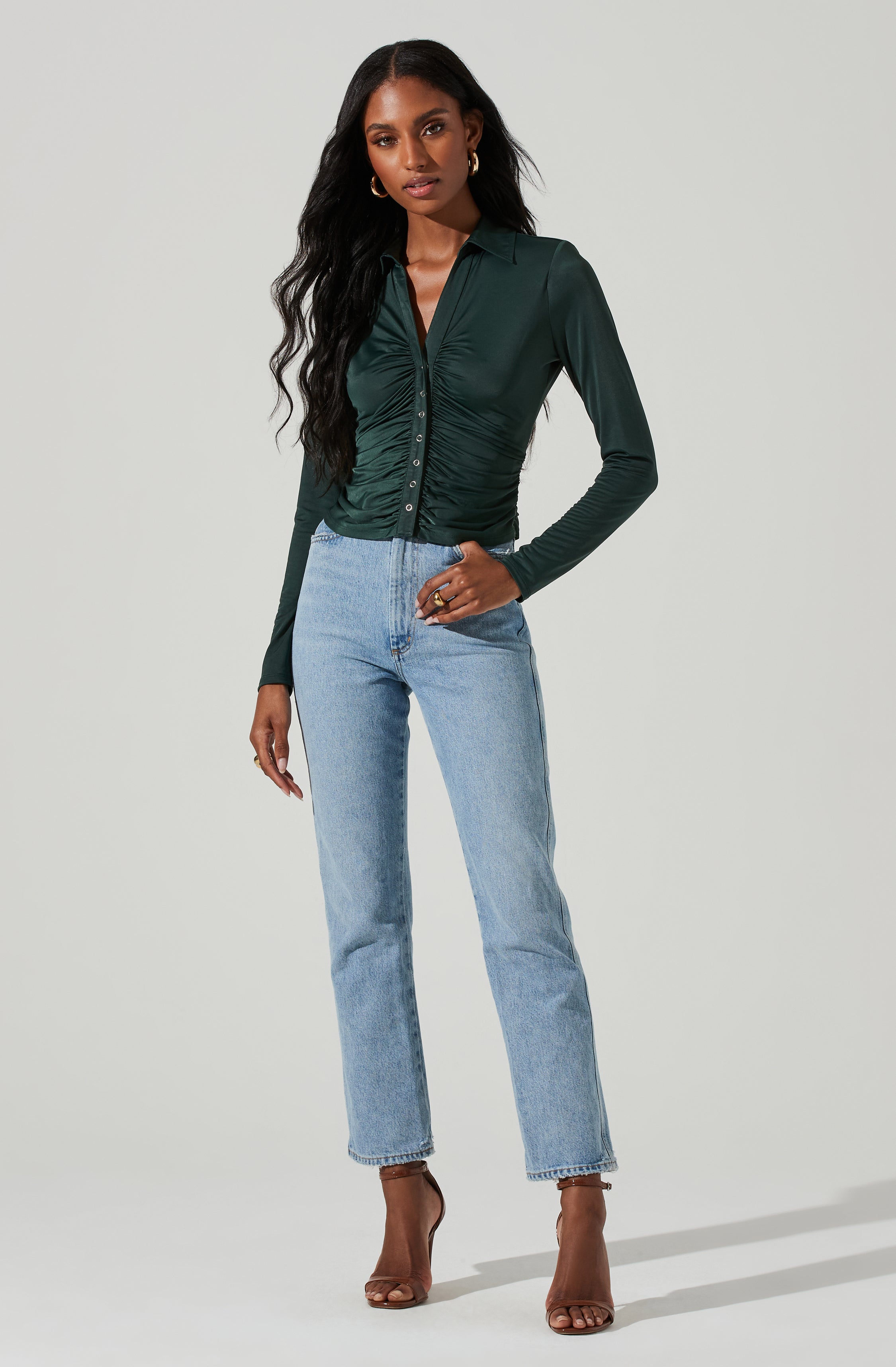 Rowella Ruched Button Down Long Sleeve Top-Aljck