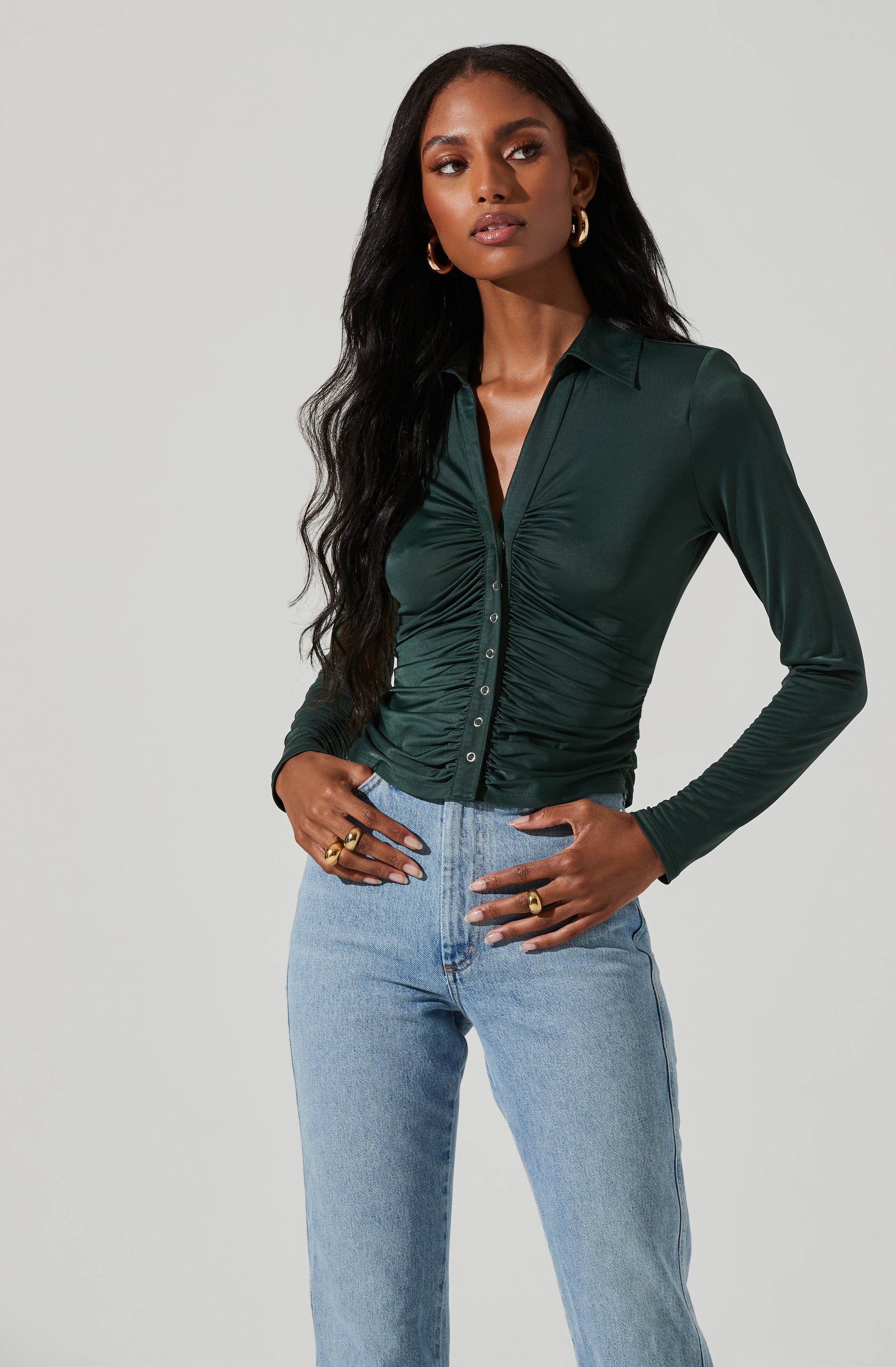Rowella Ruched Button Down Long Sleeve Top-Aljck