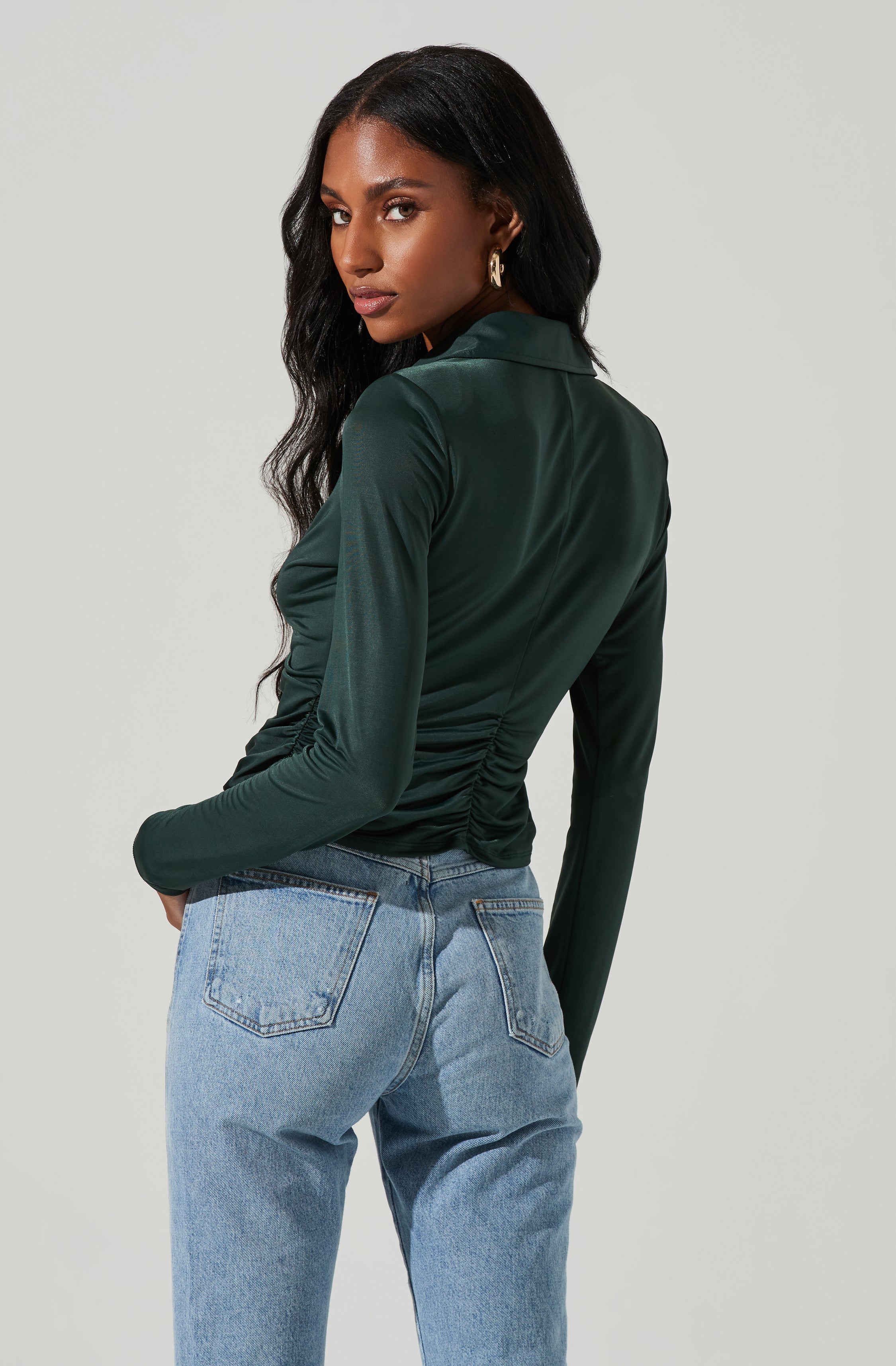 Rowella Ruched Button Down Long Sleeve Top-Aljck