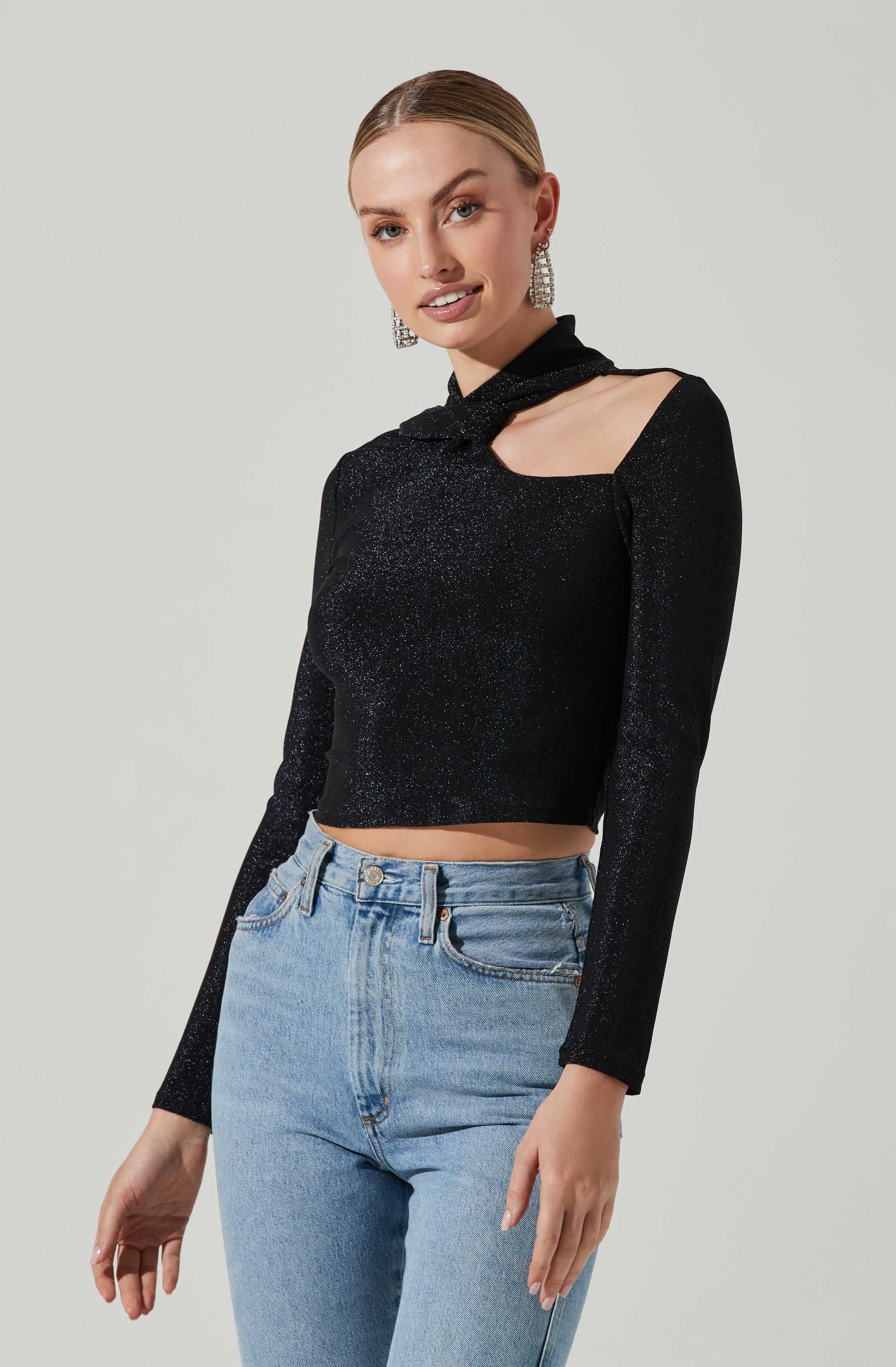 Crane Metallic Cutout Long Sleeve Top-Aljck