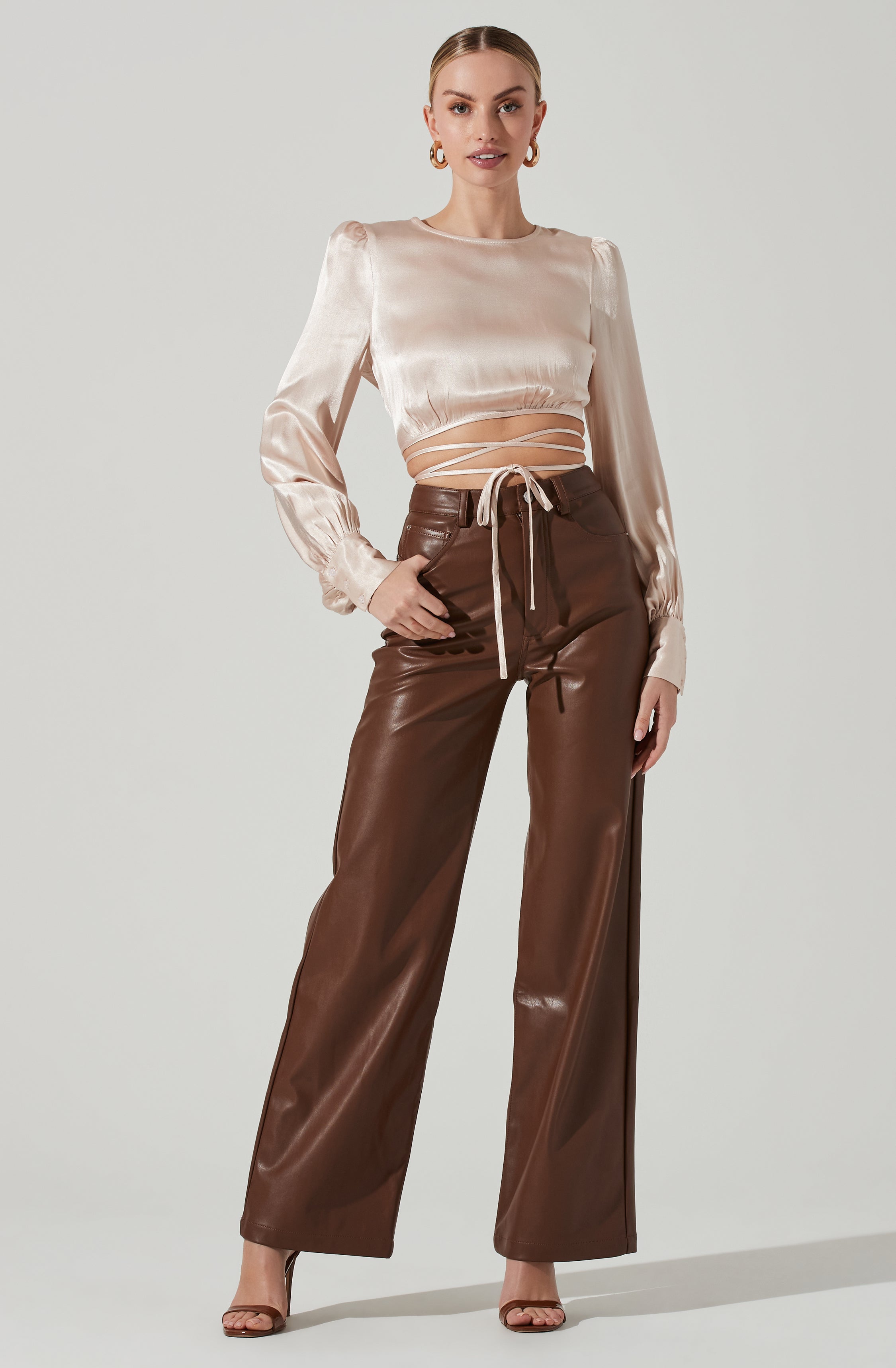 Viola Satin Tie Waist Long Sleeve Top-Aljck