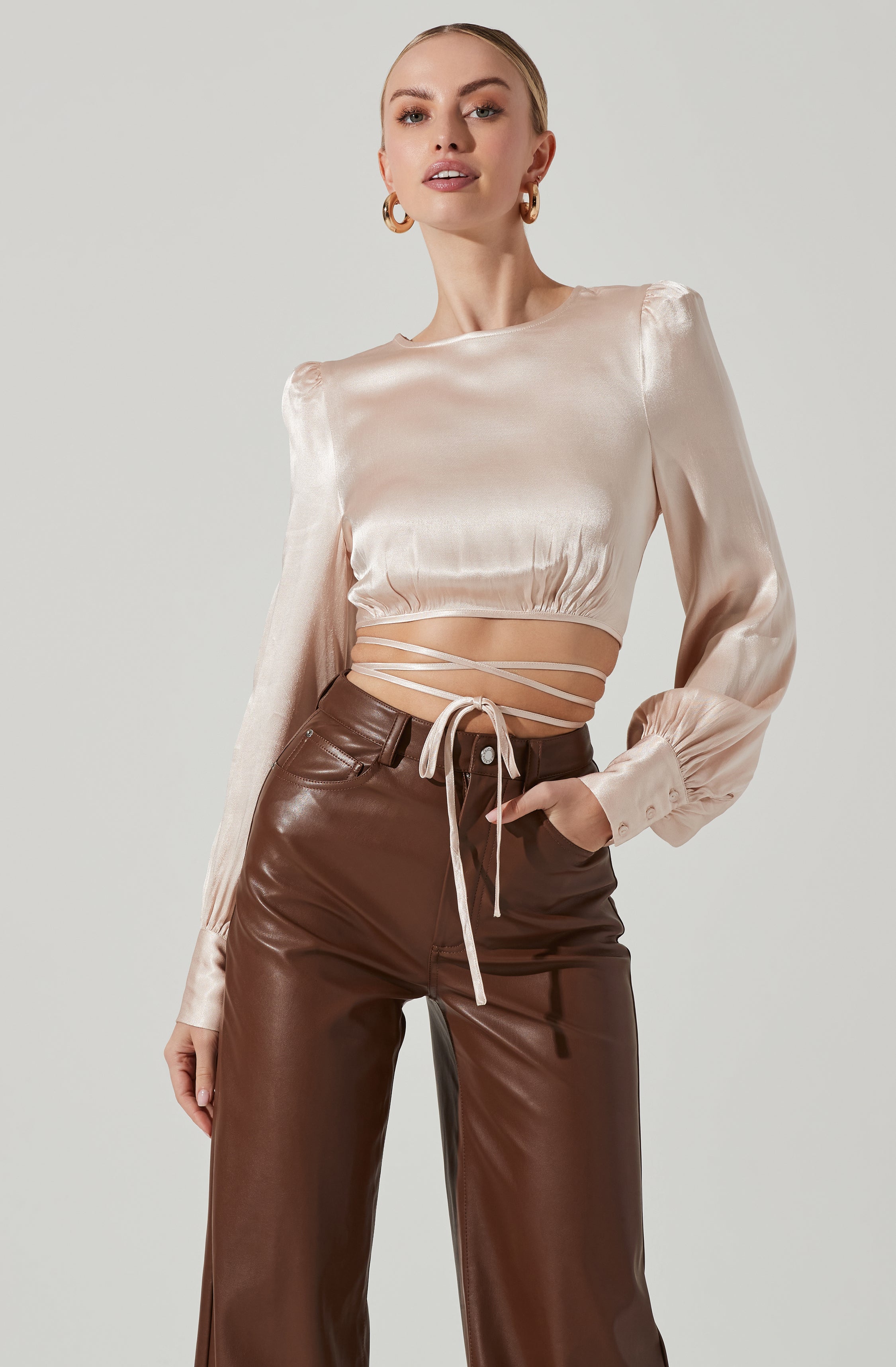 Viola Satin Tie Waist Long Sleeve Top-Aljck