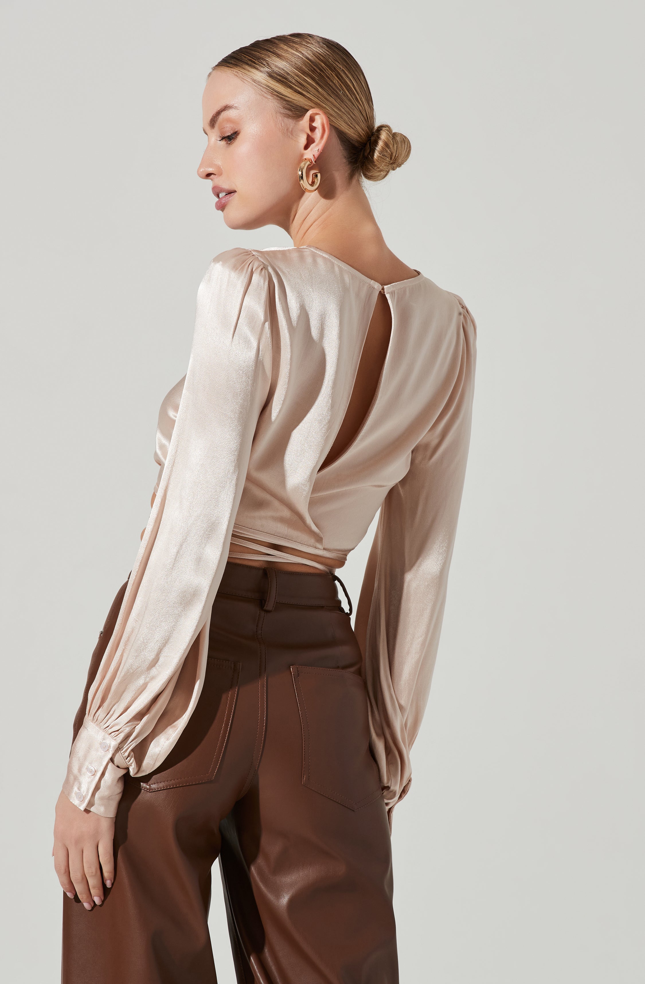 Viola Satin Tie Waist Long Sleeve Top-Aljck