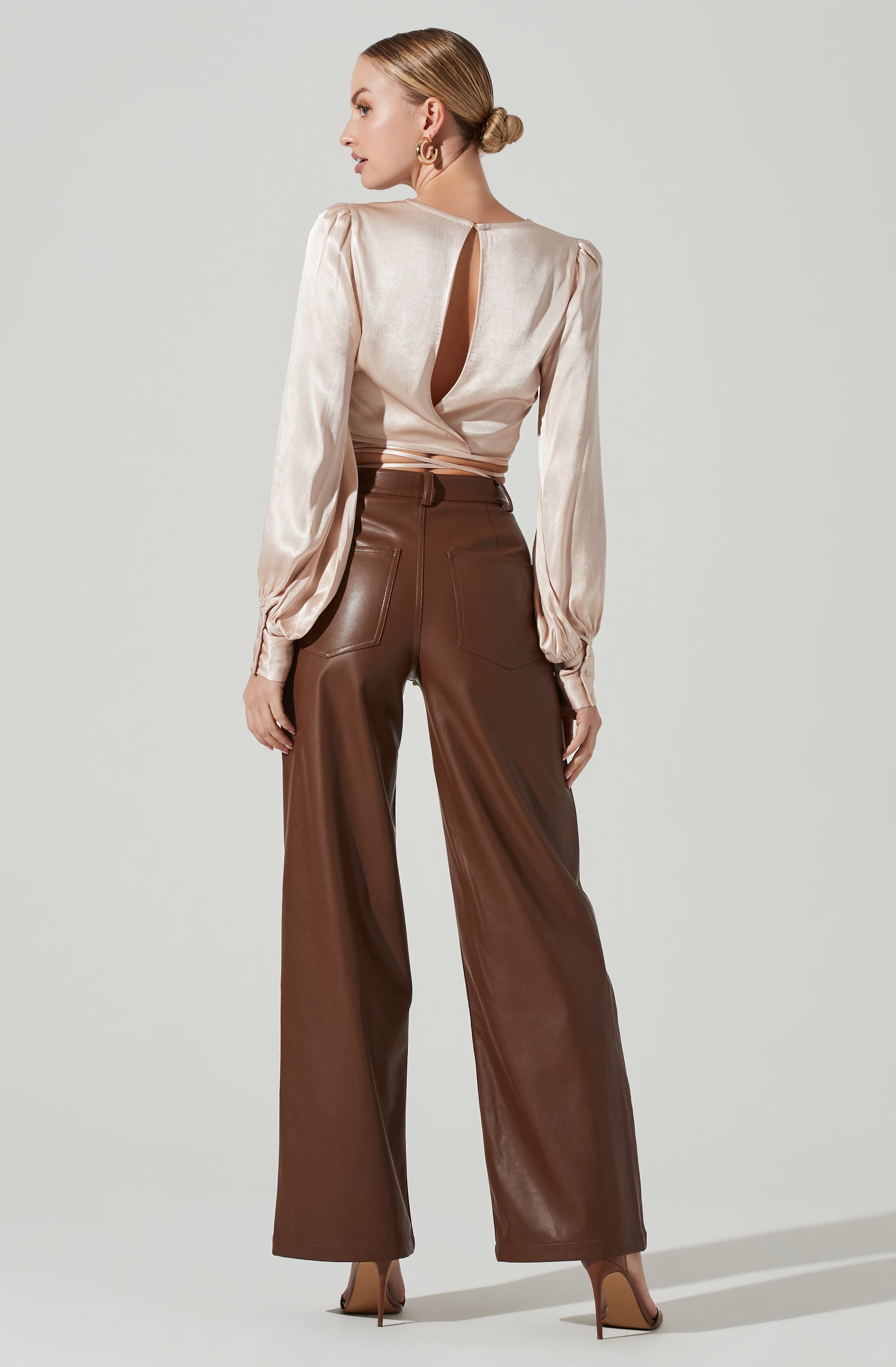 Viola Satin Tie Waist Long Sleeve Top-Aljck