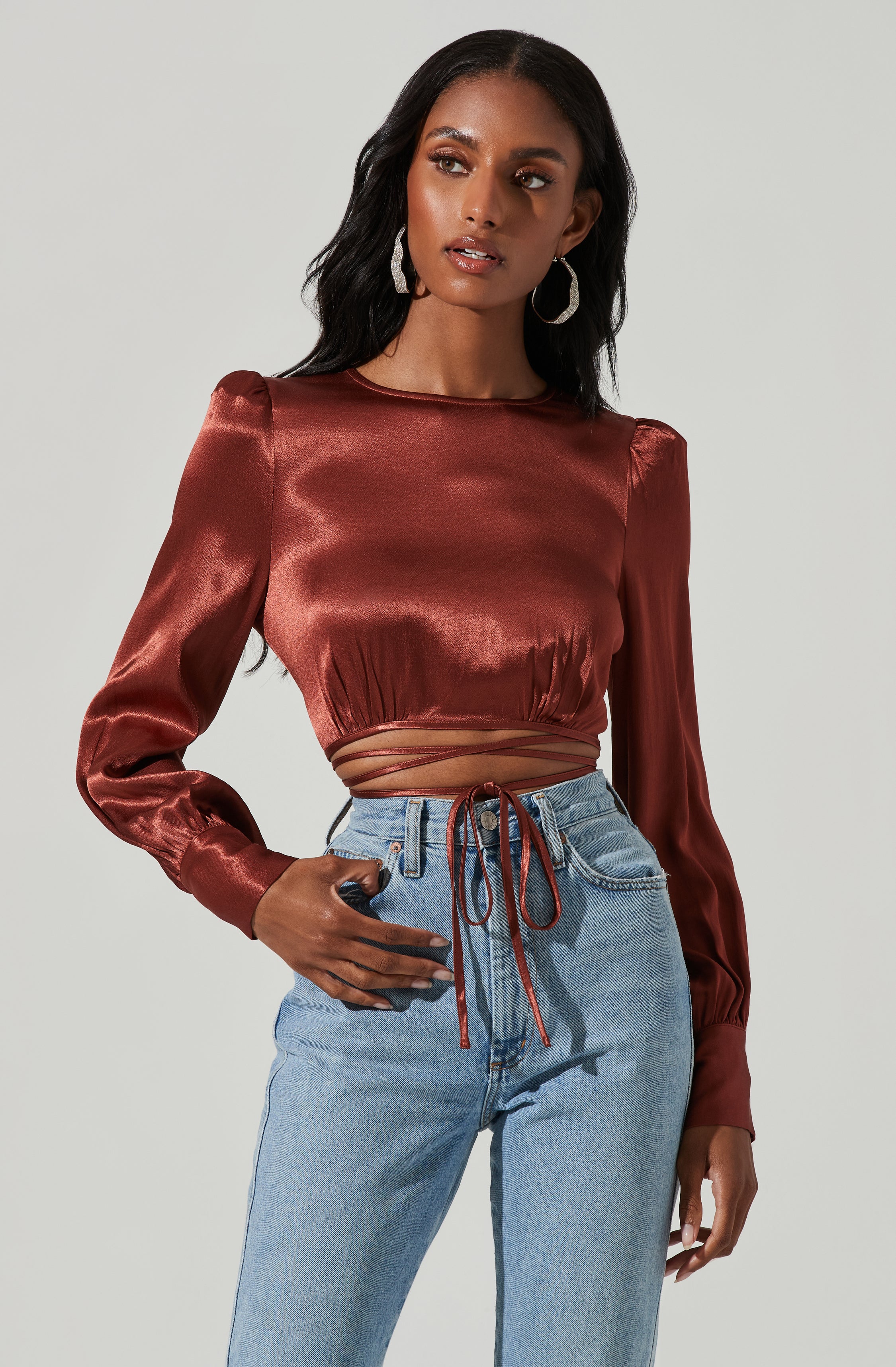 Viola Satin Tie Waist Long Sleeve Top-Aljck