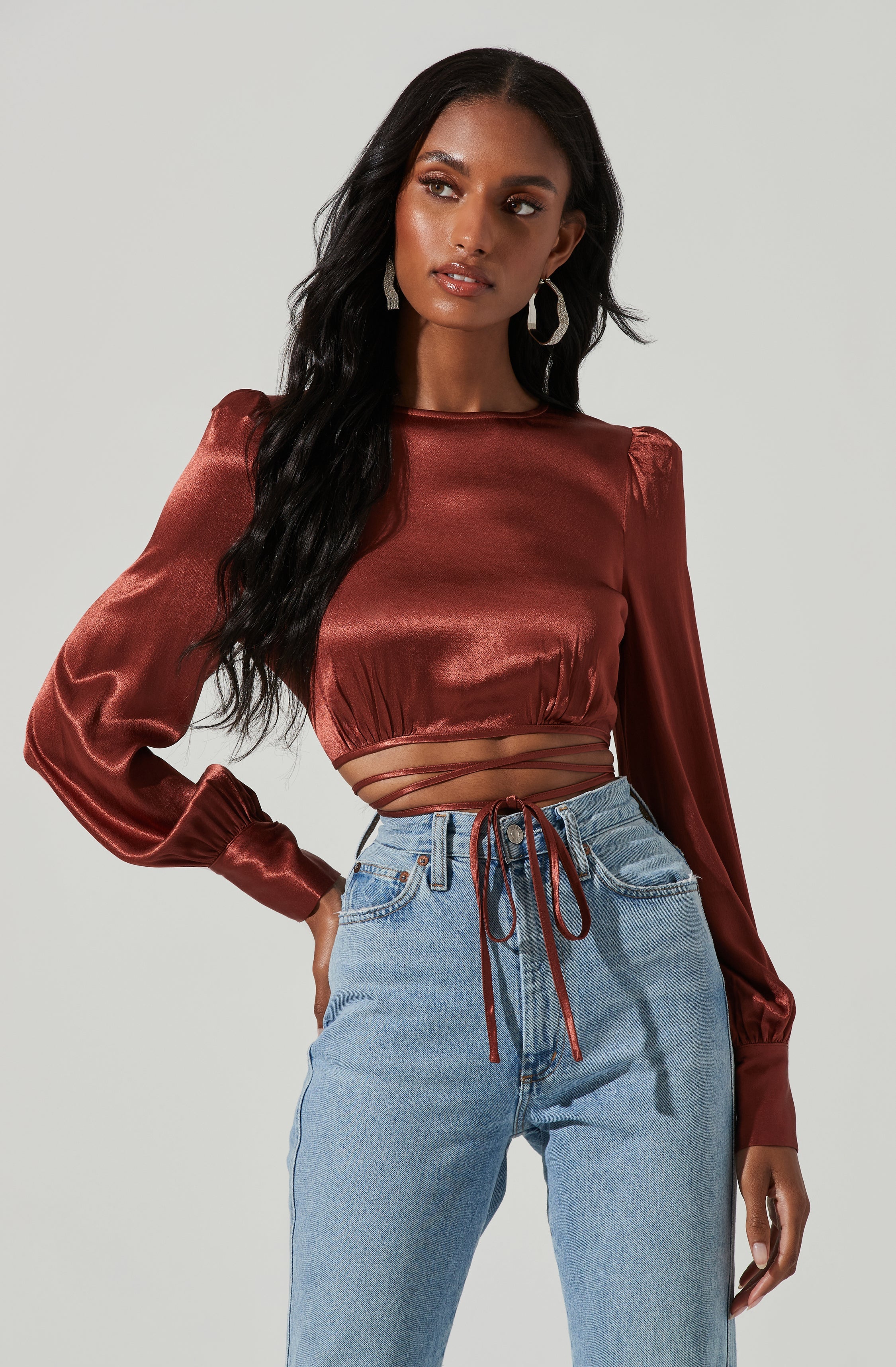 Viola Satin Tie Waist Long Sleeve Top-Aljck