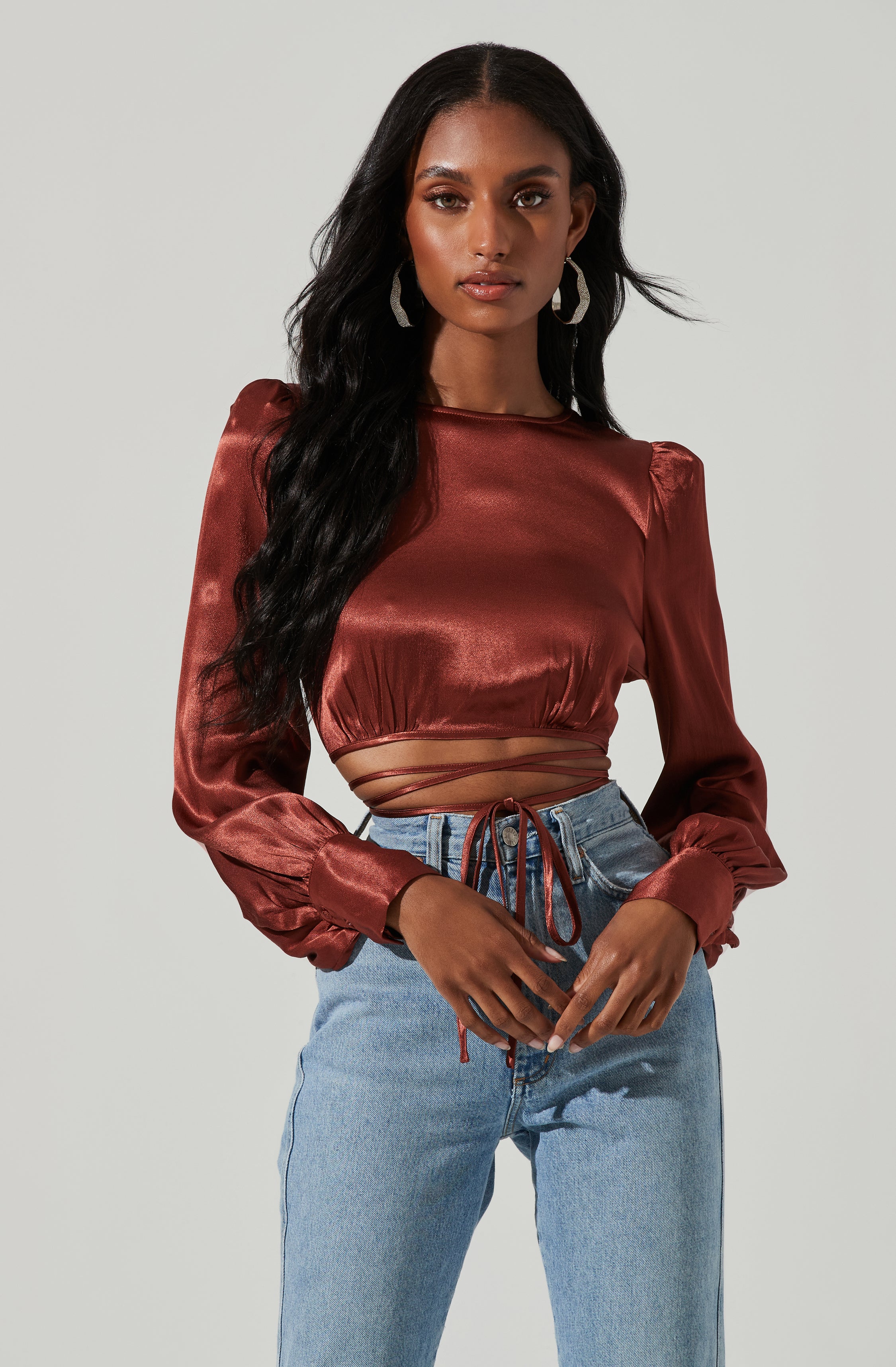 Viola Satin Tie Waist Long Sleeve Top-Aljck