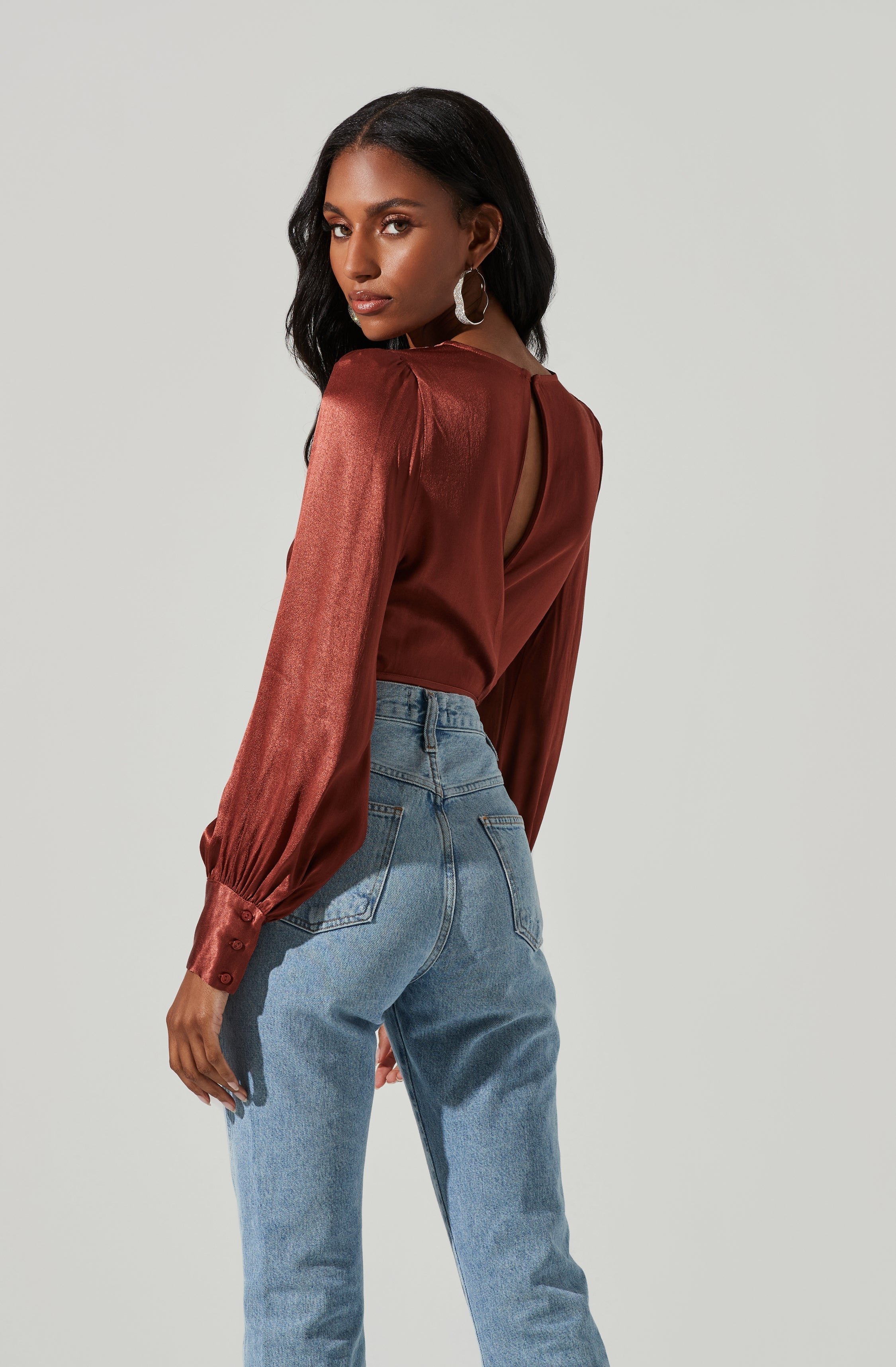 Viola Satin Tie Waist Long Sleeve Top-Aljck