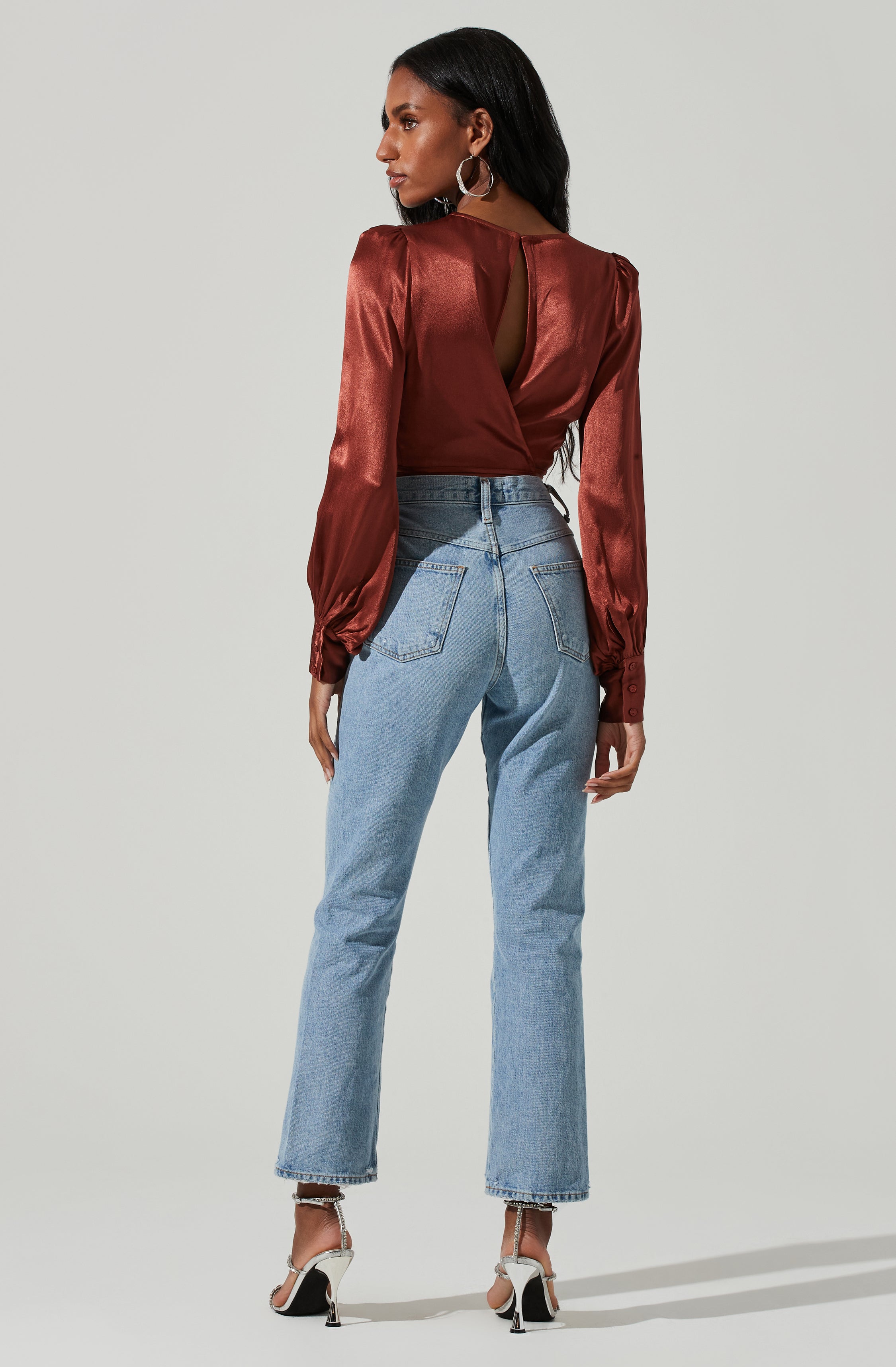 Viola Satin Tie Waist Long Sleeve Top-Aljck