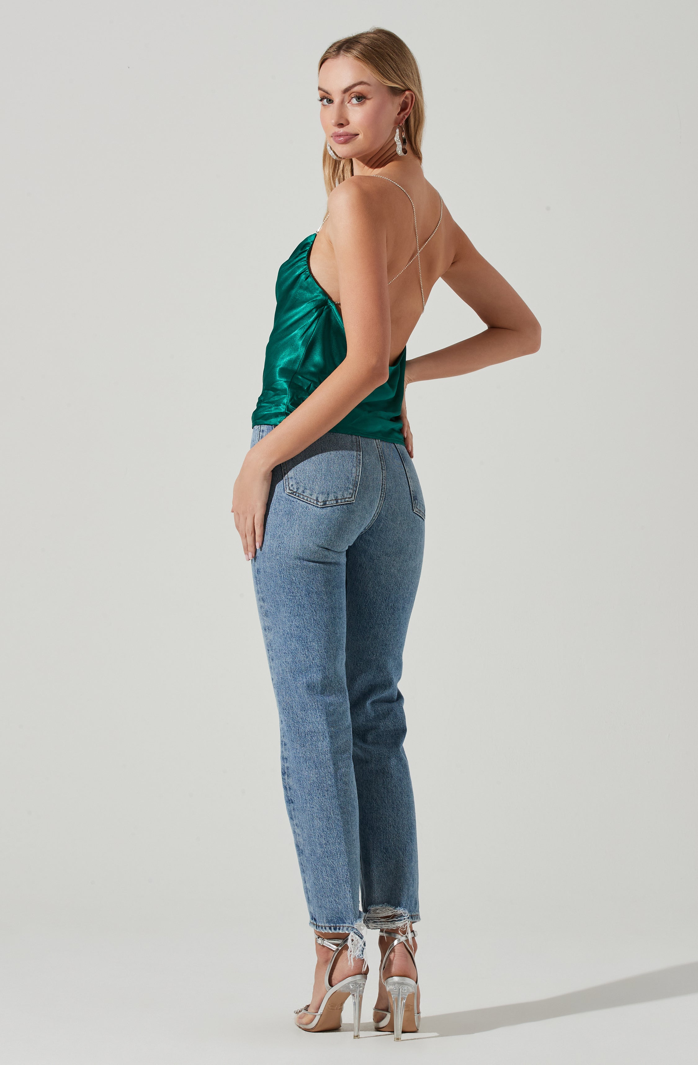 Vita Satin Cowl Neck Rhinestone Strap Top-Aljck