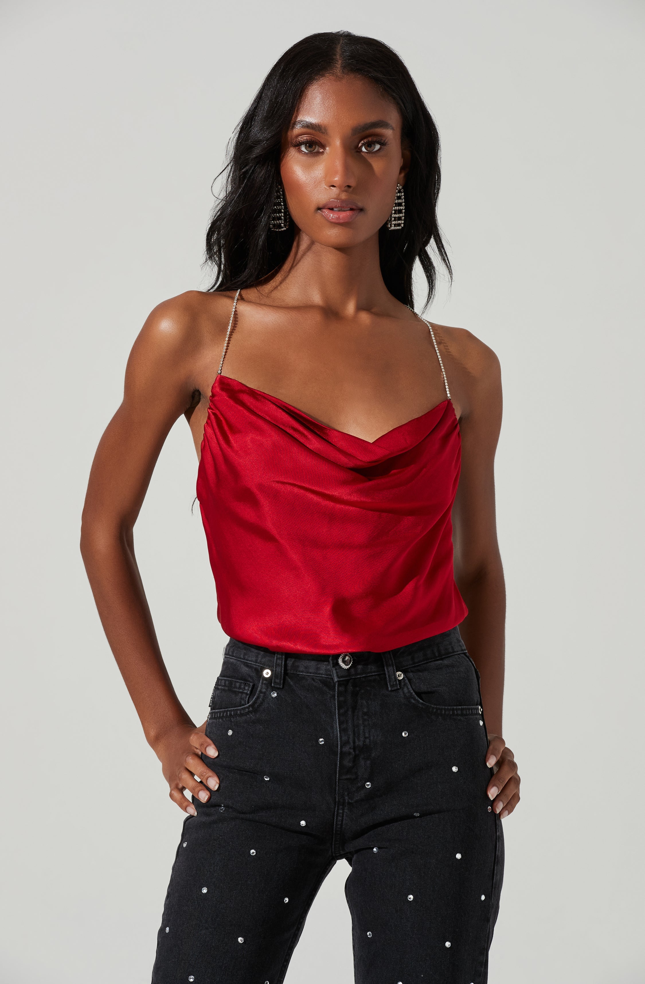 Vita Satin Cowl Neck Rhinestone Strap Top-Aljck