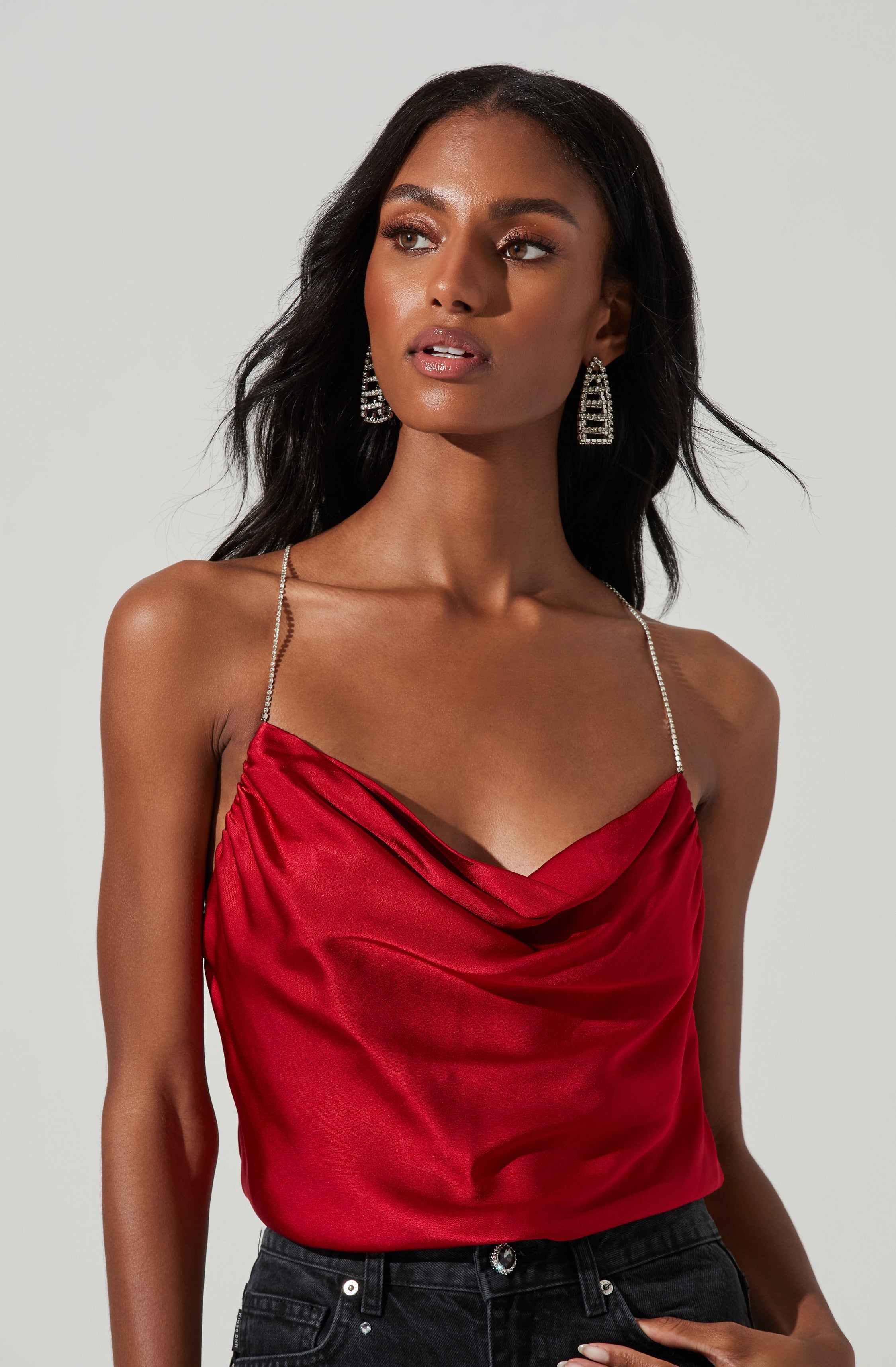 Vita Satin Cowl Neck Rhinestone Strap Top-Aljck