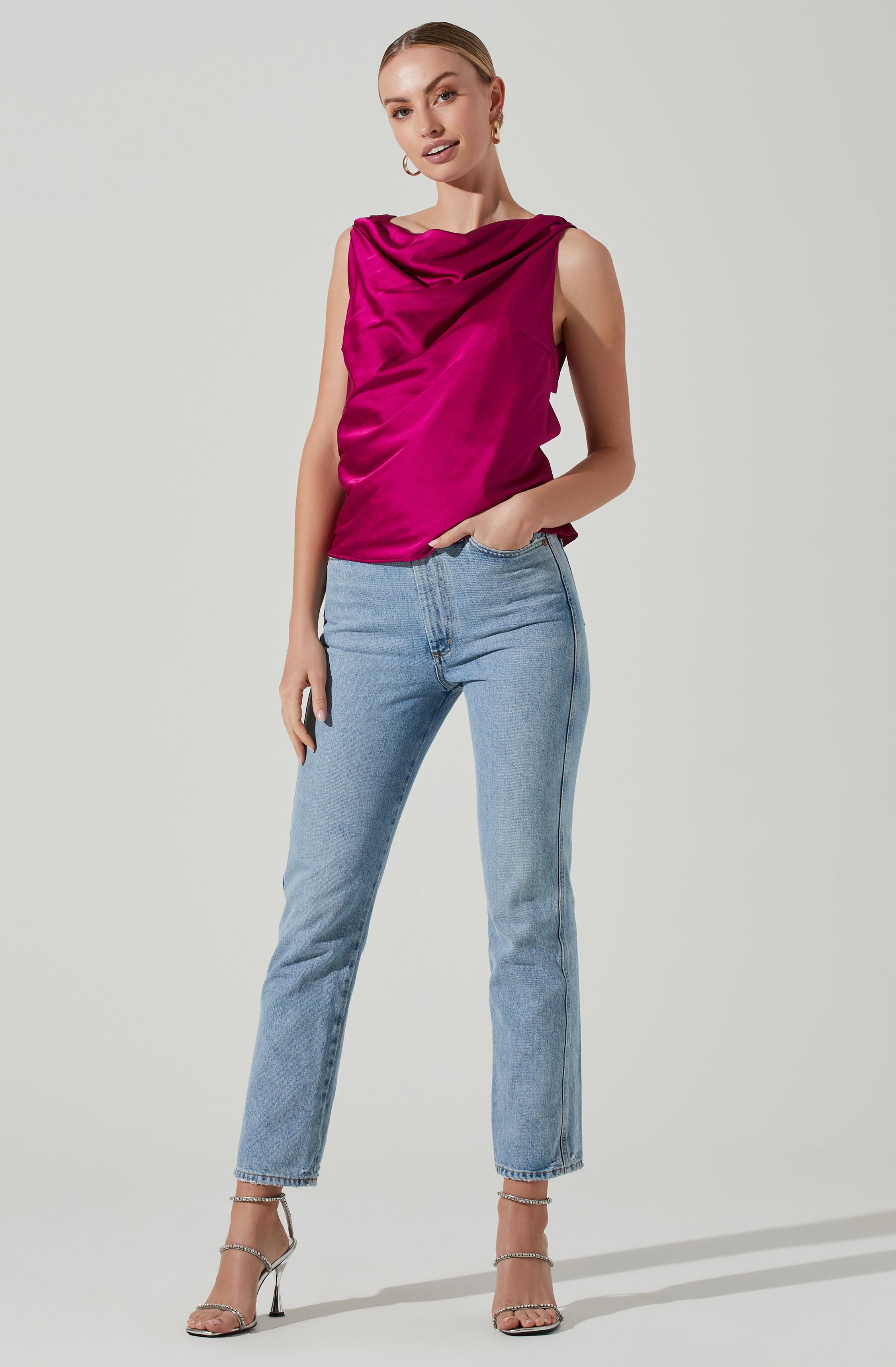 Brisia Satin Cowl Neck Rhinestone Embellished Top-Aljck