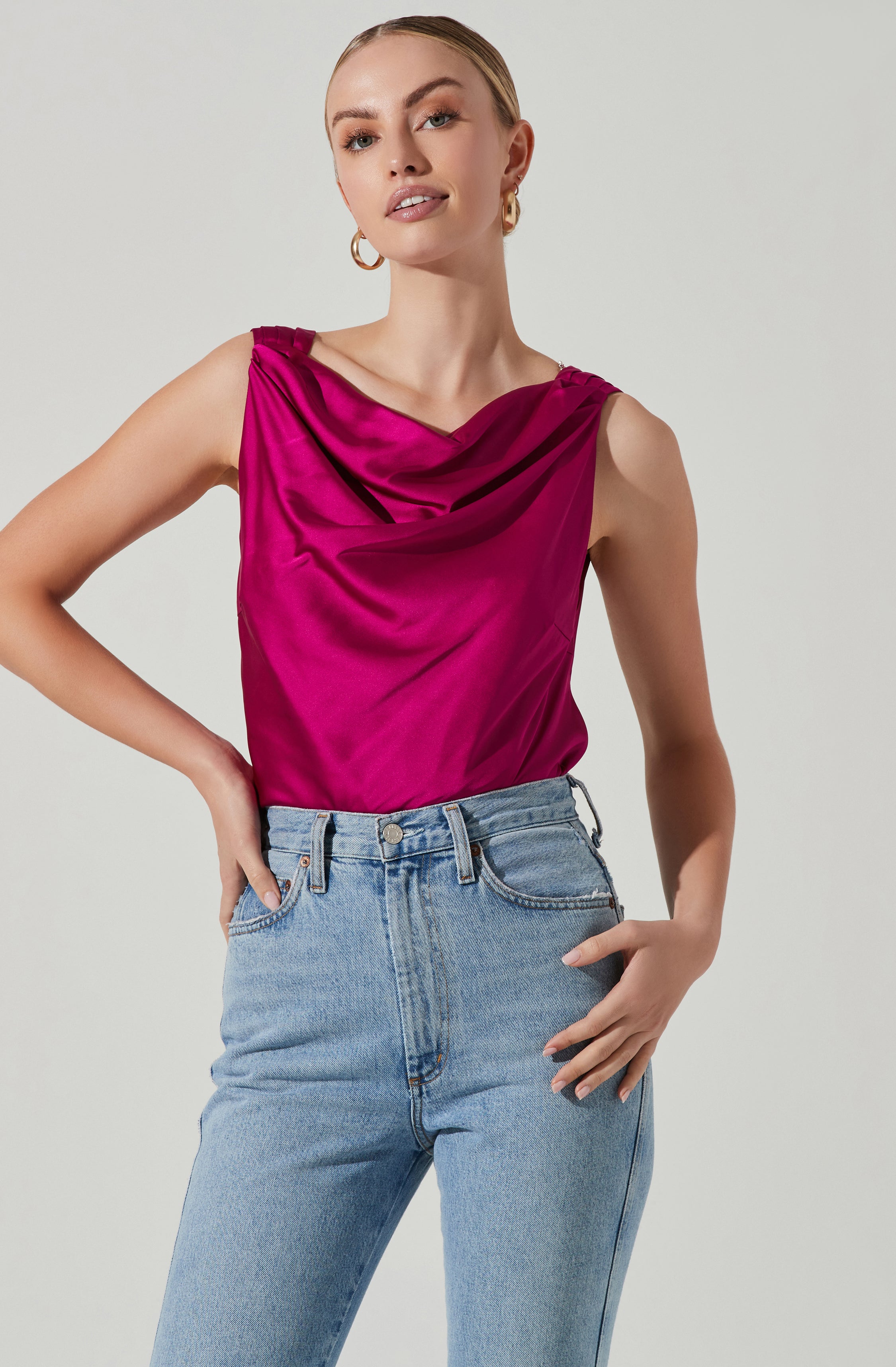 Brisia Satin Cowl Neck Rhinestone Embellished Top-Aljck