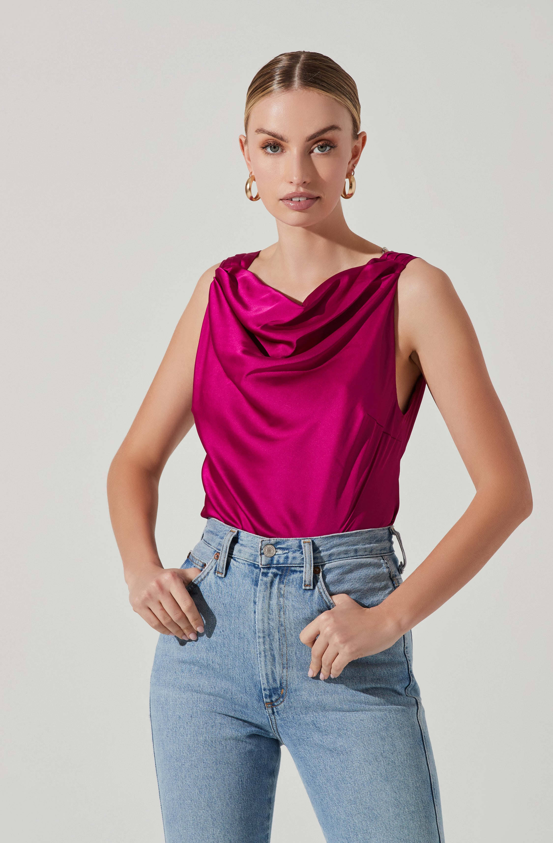 Brisia Satin Cowl Neck Rhinestone Embellished Top-Aljck