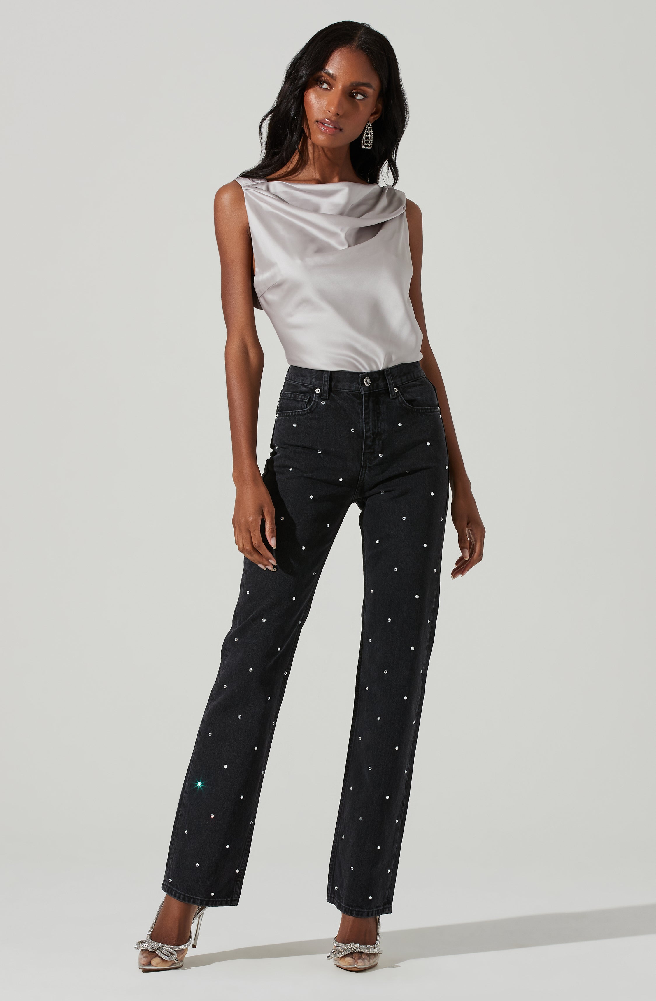 Brisia Satin Cowl Neck Rhinestone Embellished Top-Aljck