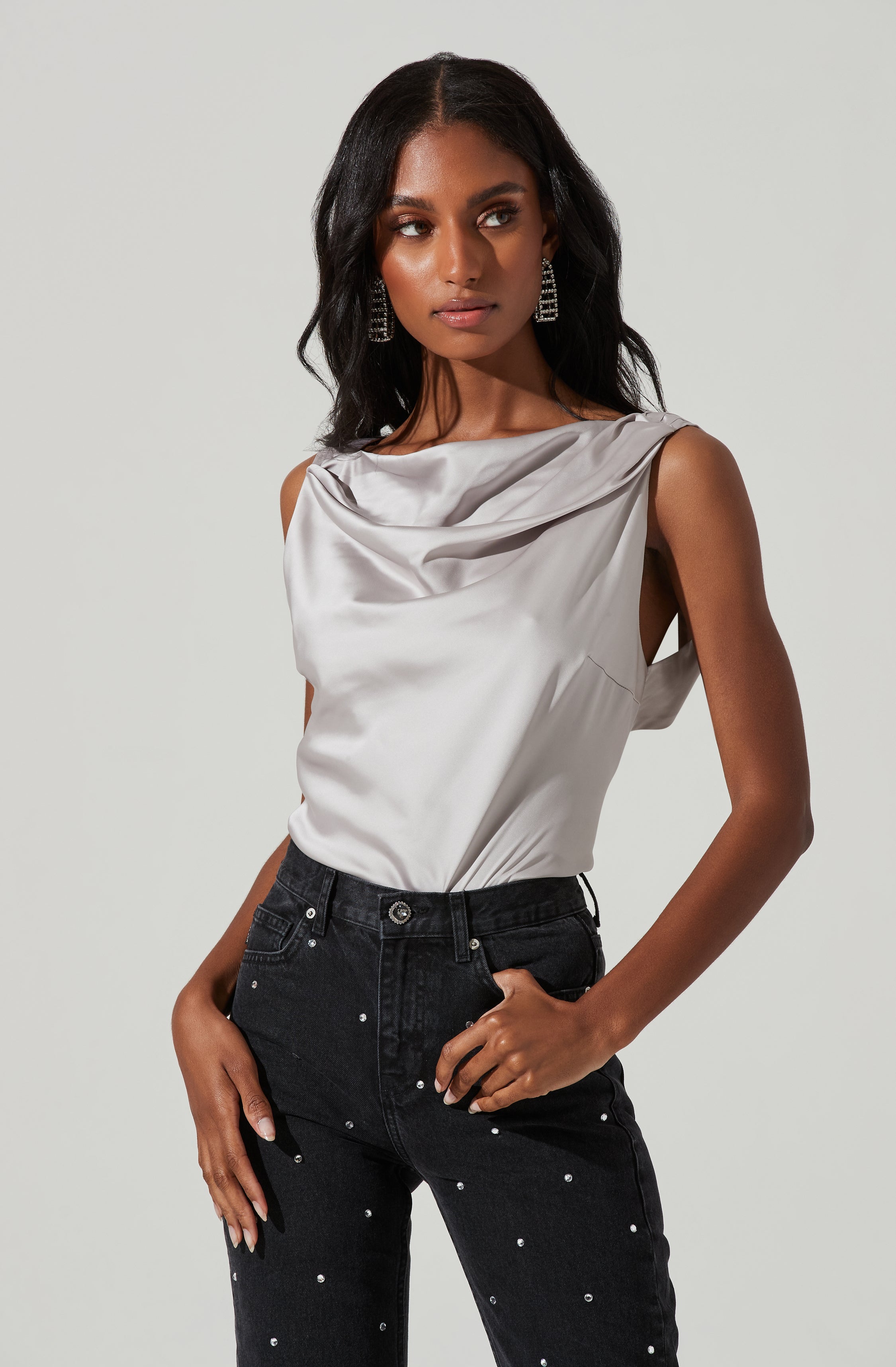 Brisia Satin Cowl Neck Rhinestone Embellished Top-Aljck