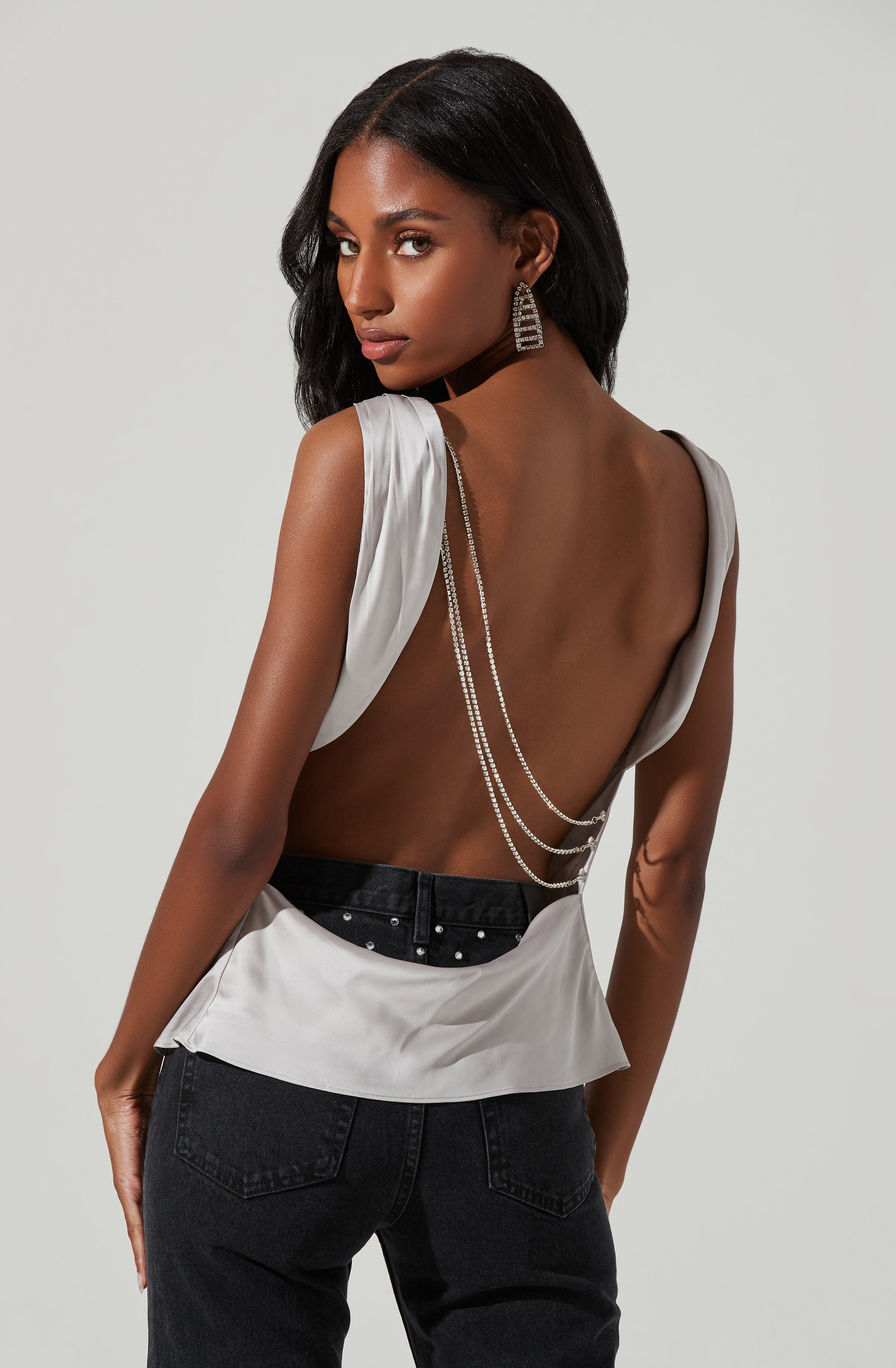 Brisia Satin Cowl Neck Rhinestone Embellished Top-Aljck