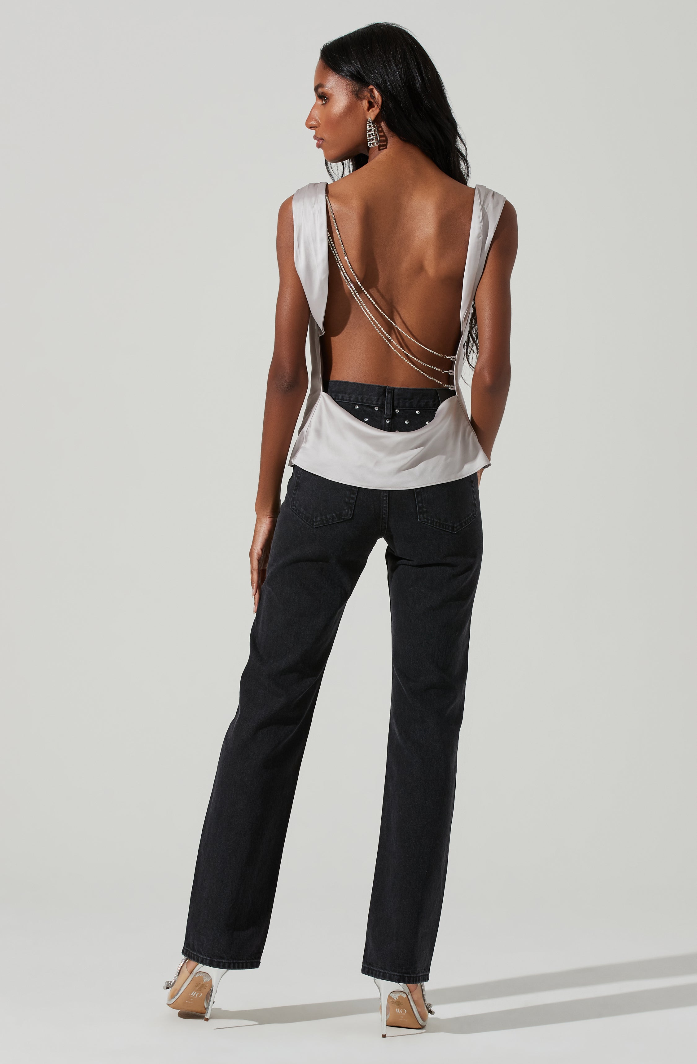 Brisia Satin Cowl Neck Rhinestone Embellished Top-Aljck