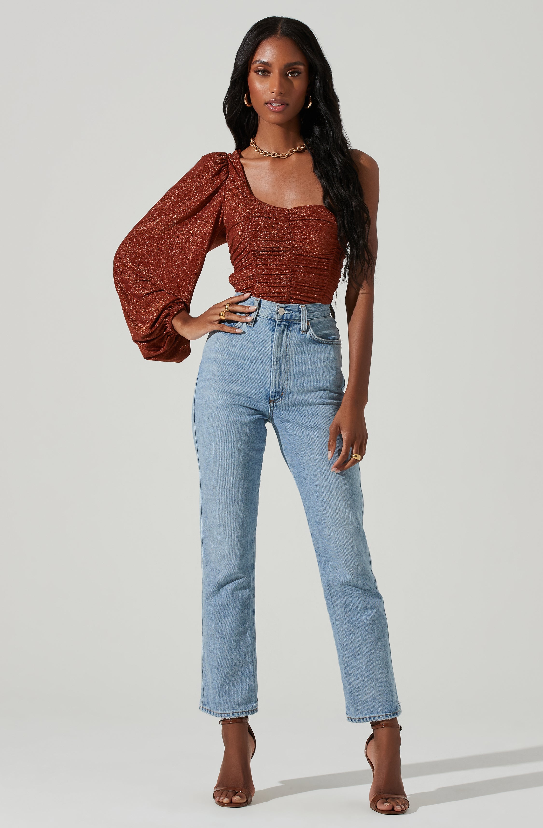 Marta Metallic Ruched One Sleeve Top-Aljck