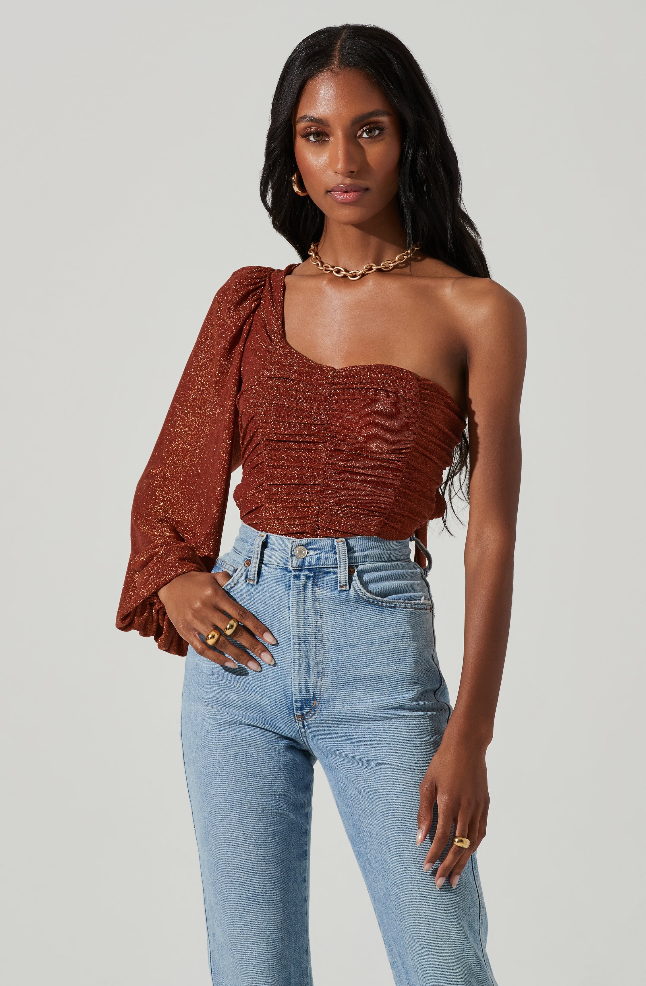 Marta Metallic Ruched One Sleeve Top-Aljck