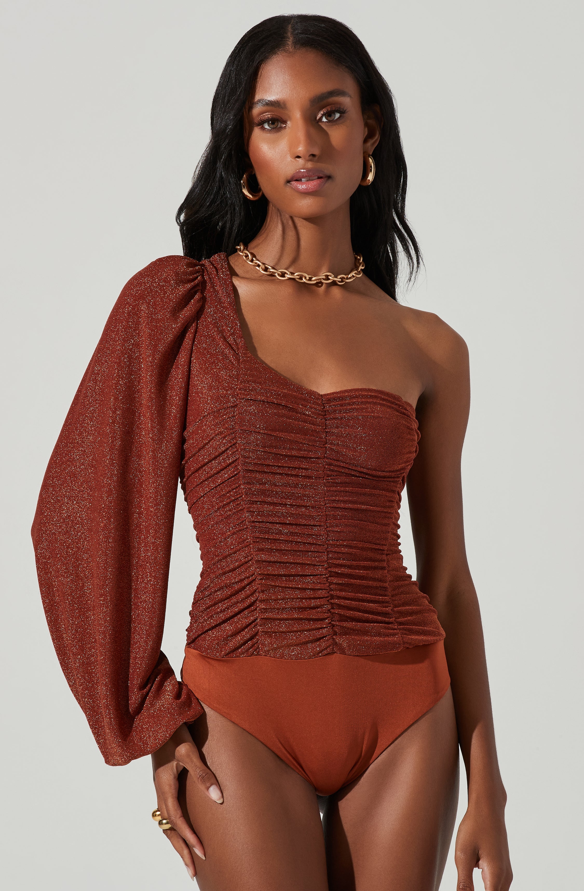 Marta Metallic Ruched One Sleeve Top-Aljck