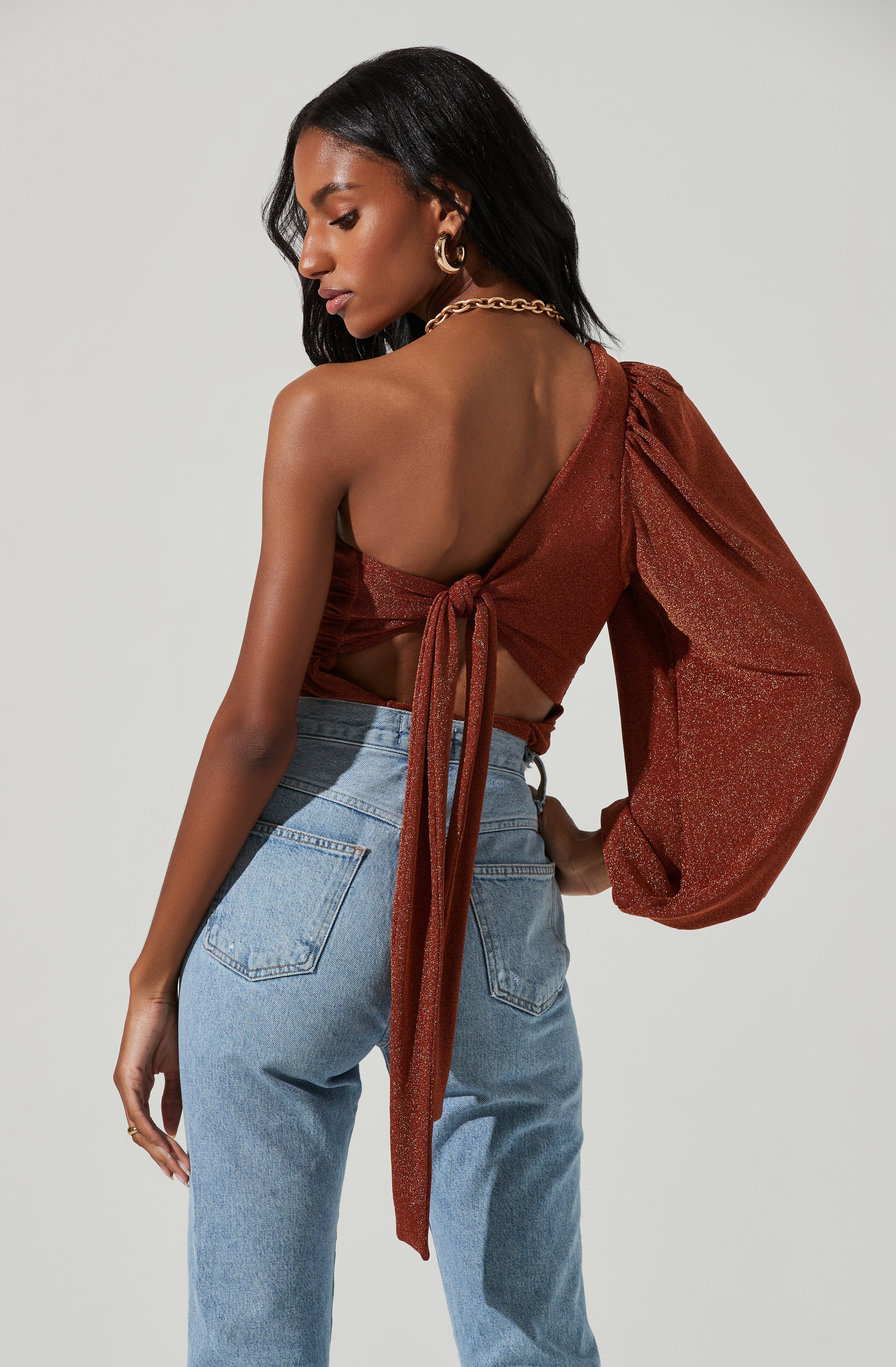 Marta Metallic Ruched One Sleeve Top-Aljck