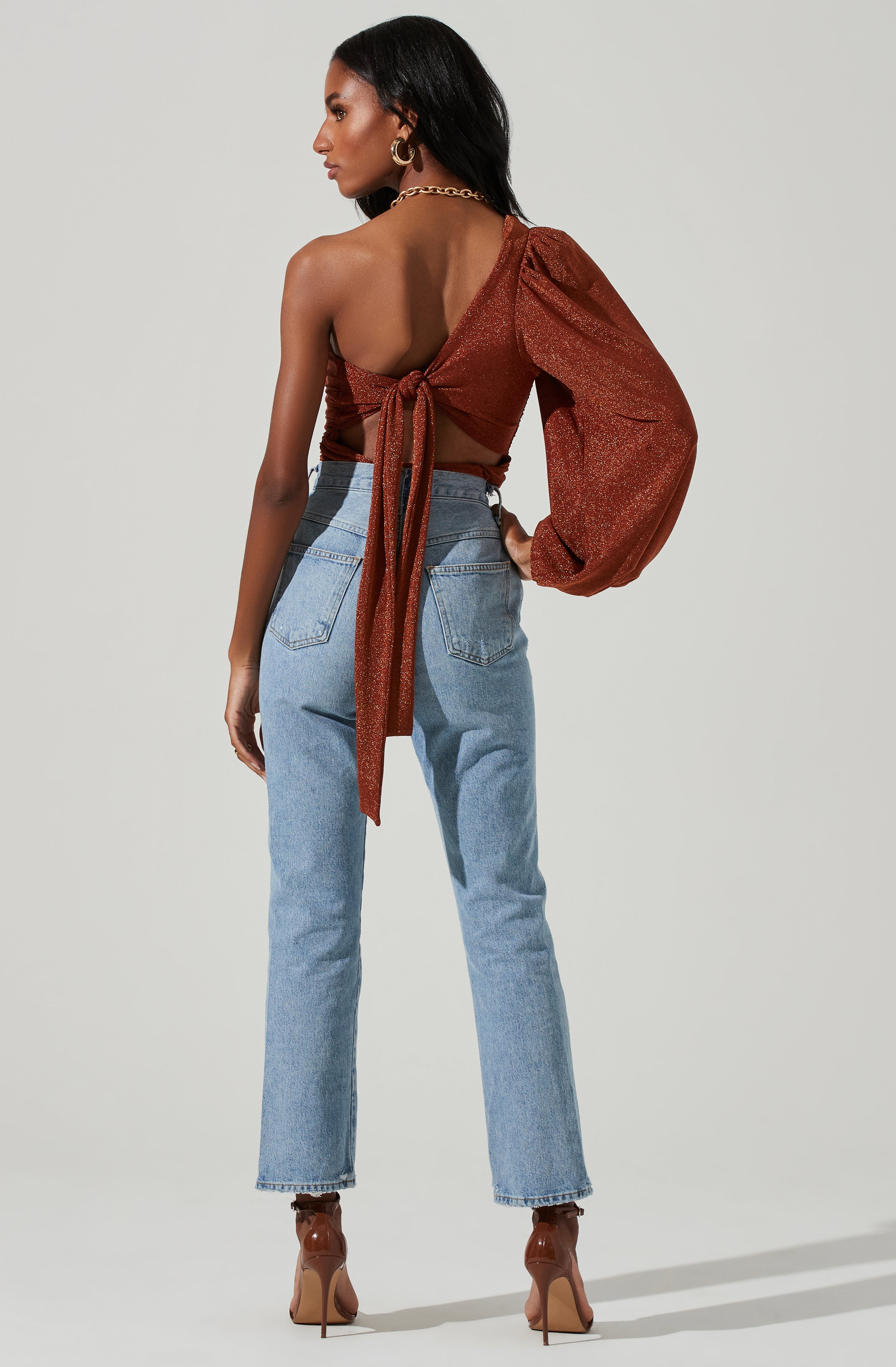 Marta Metallic Ruched One Sleeve Top-Aljck