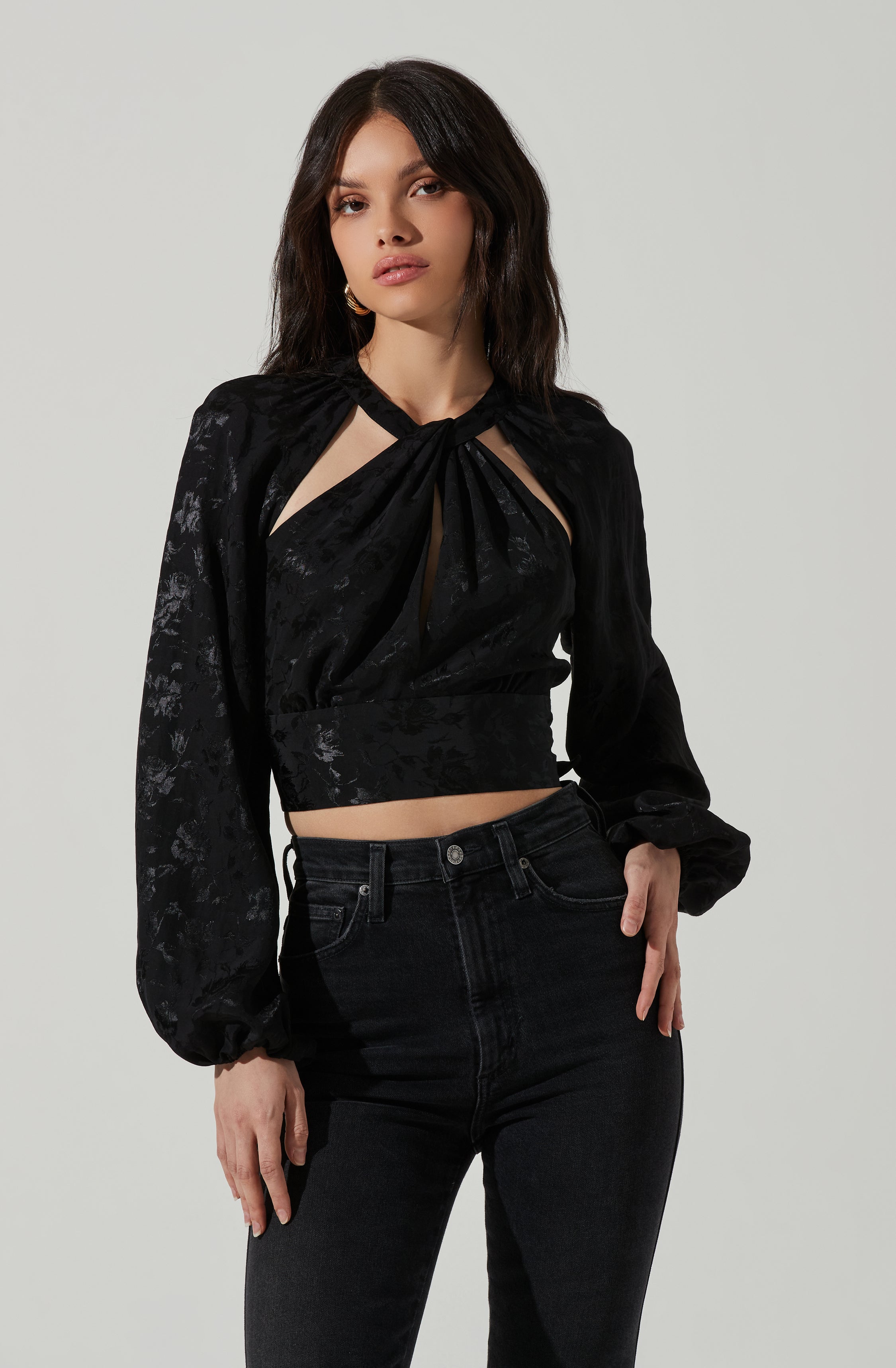 Betsy Floral Jacquard Cutout Long Sleeve Top-Aljck