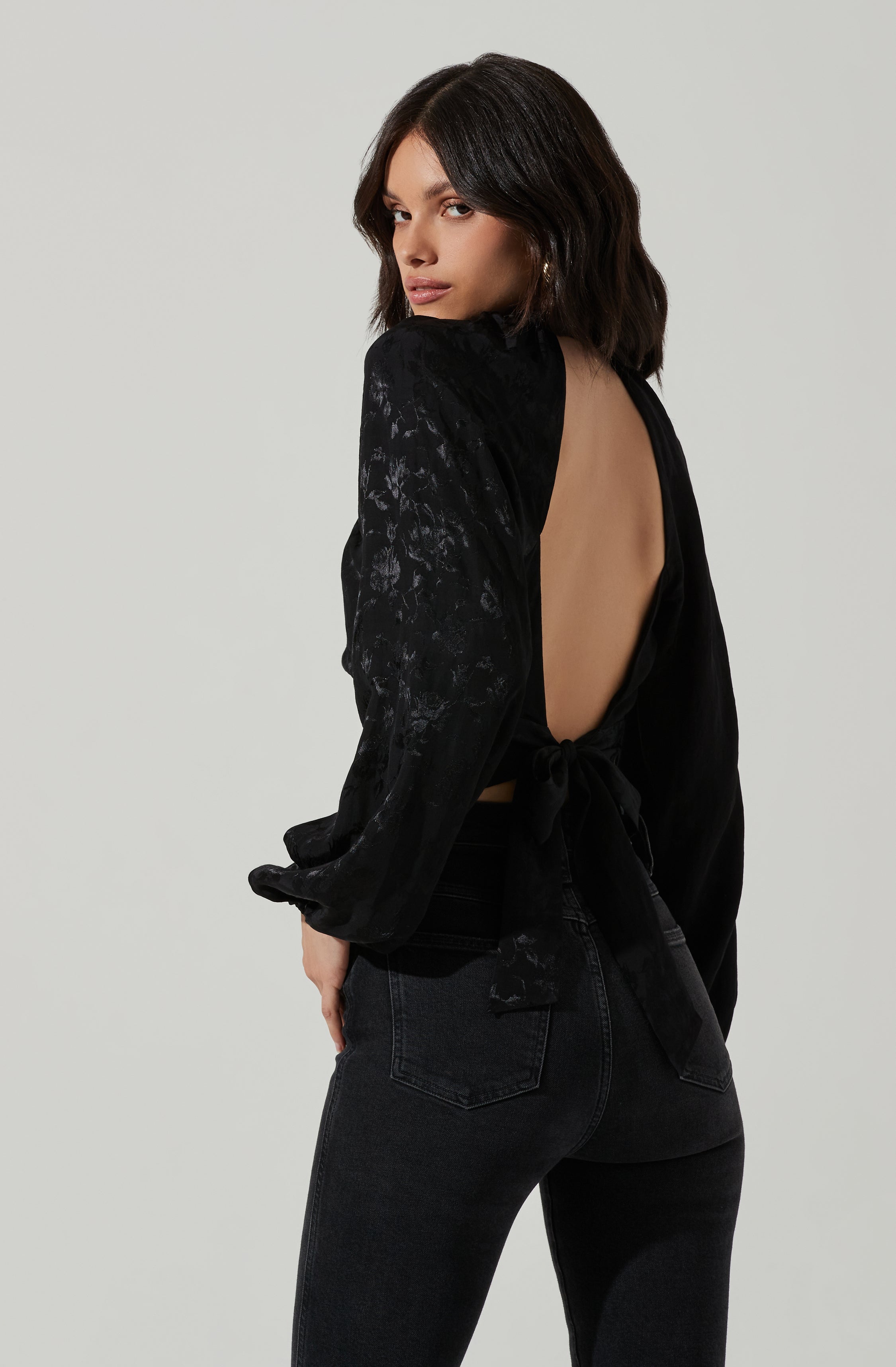 Betsy Floral Jacquard Cutout Long Sleeve Top-Aljck