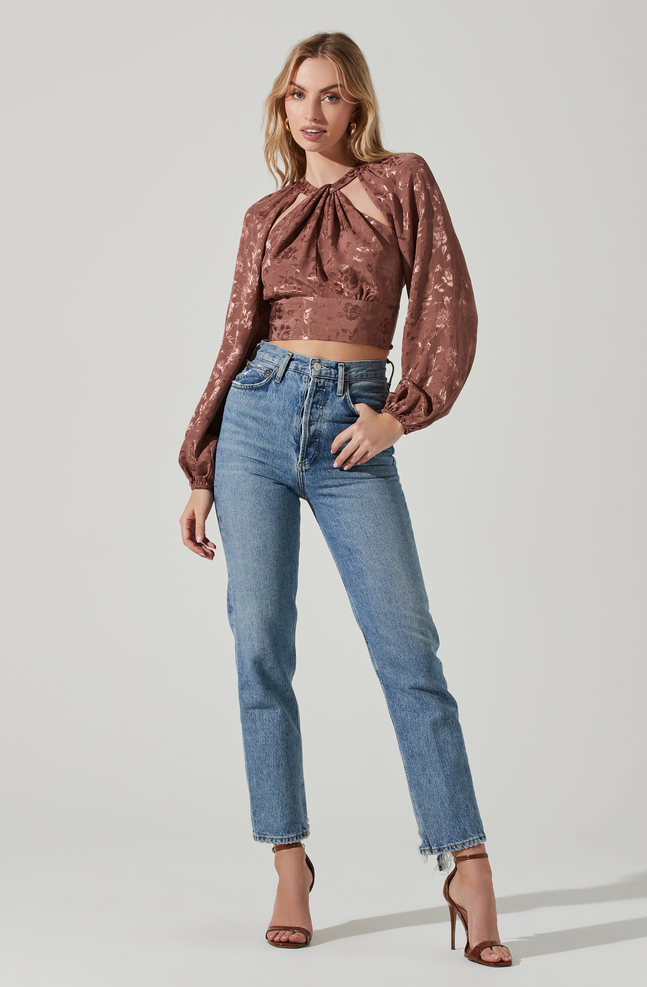 Betsy Floral Jacquard Cutout Long Sleeve Top-Aljck