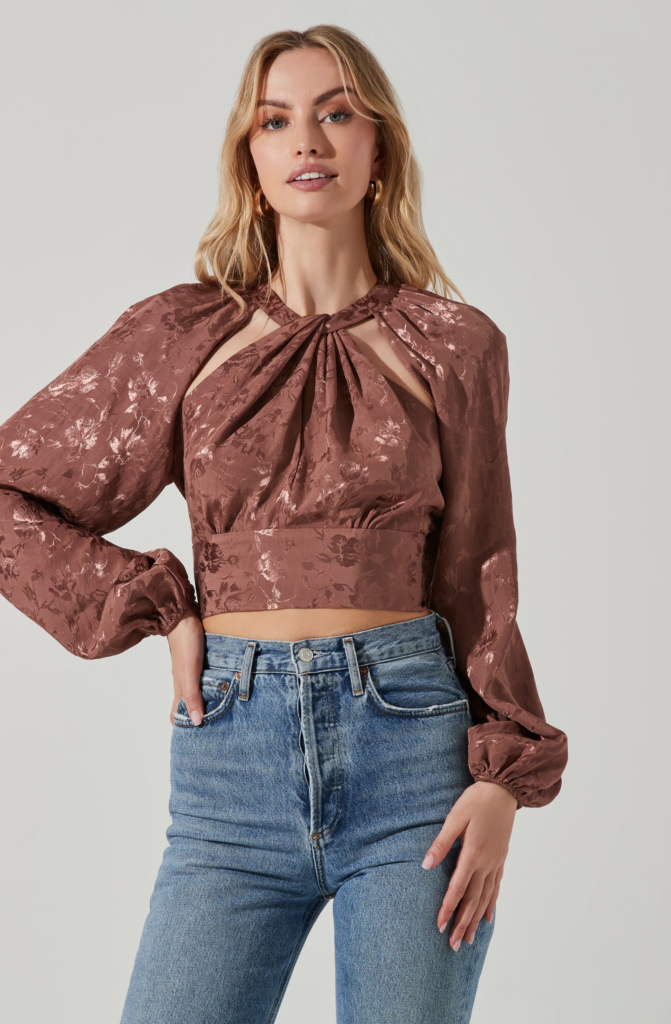 Betsy Floral Jacquard Cutout Long Sleeve Top-Aljck